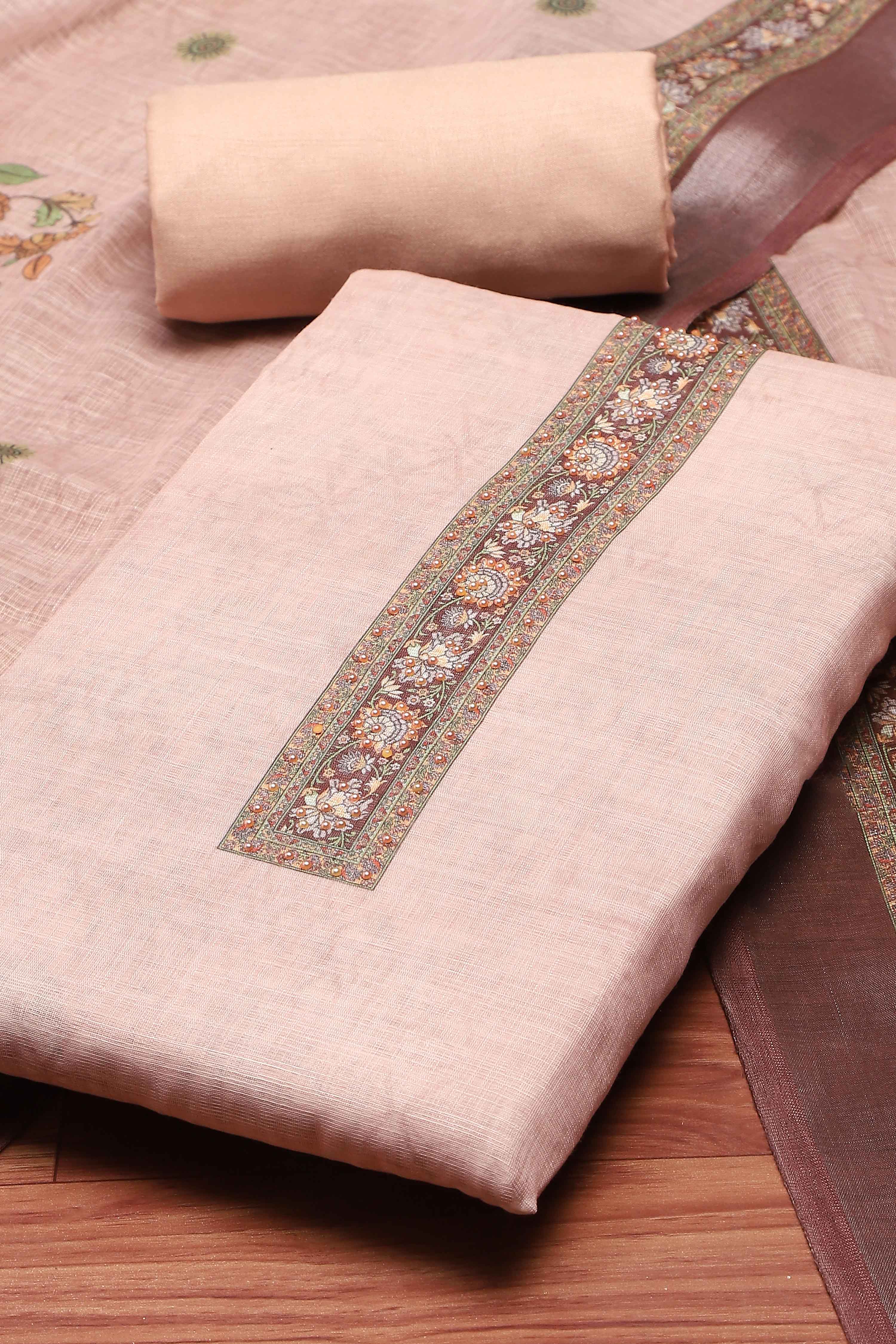 Peach Chanderi  Neck Patti Unstitched Suit Set image number 1