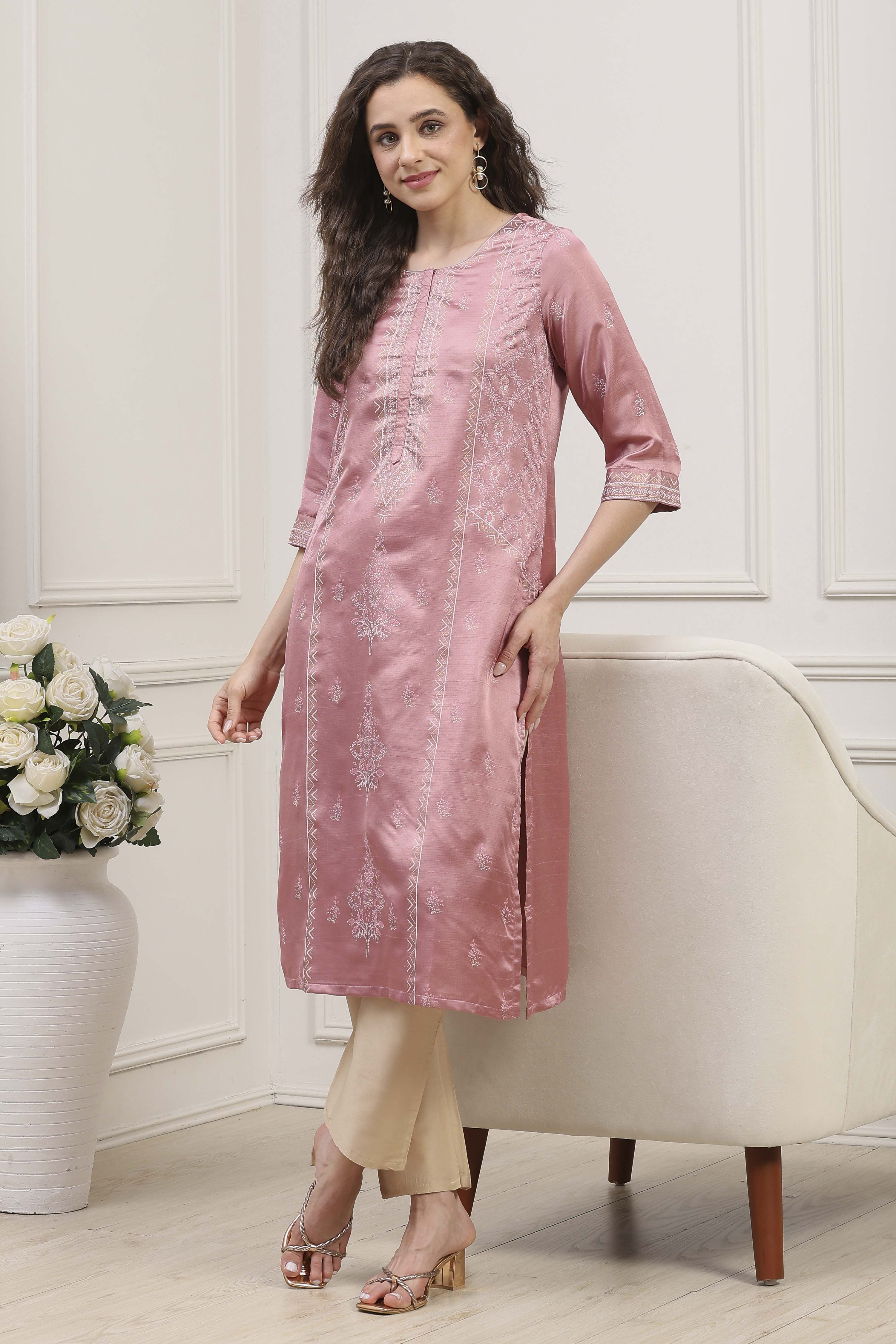 Dusty Pink Printed Straight Kurta image number 0