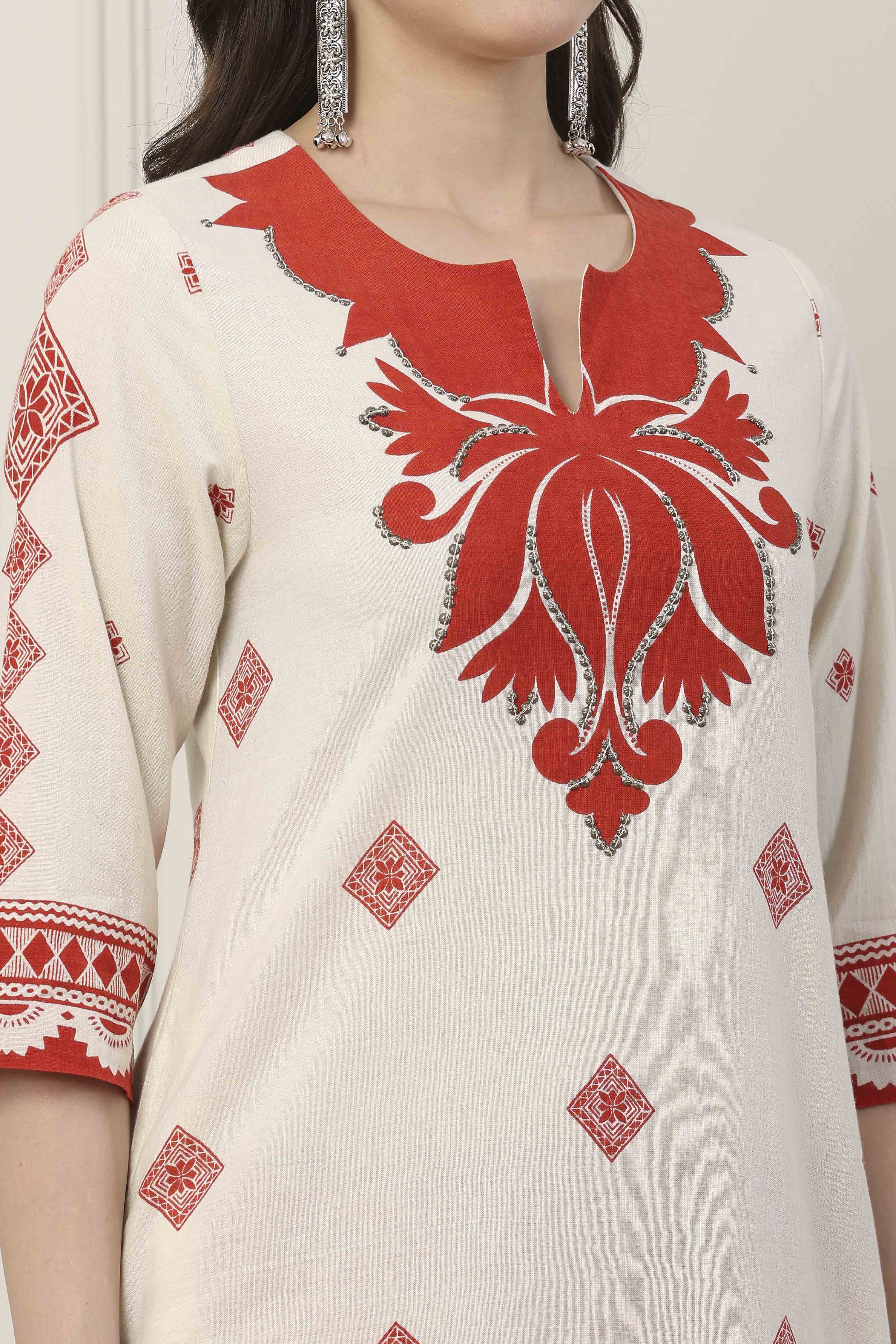 Ivory & Orange Cotton Ethnic Motif Printed Straight Kurta image number 1