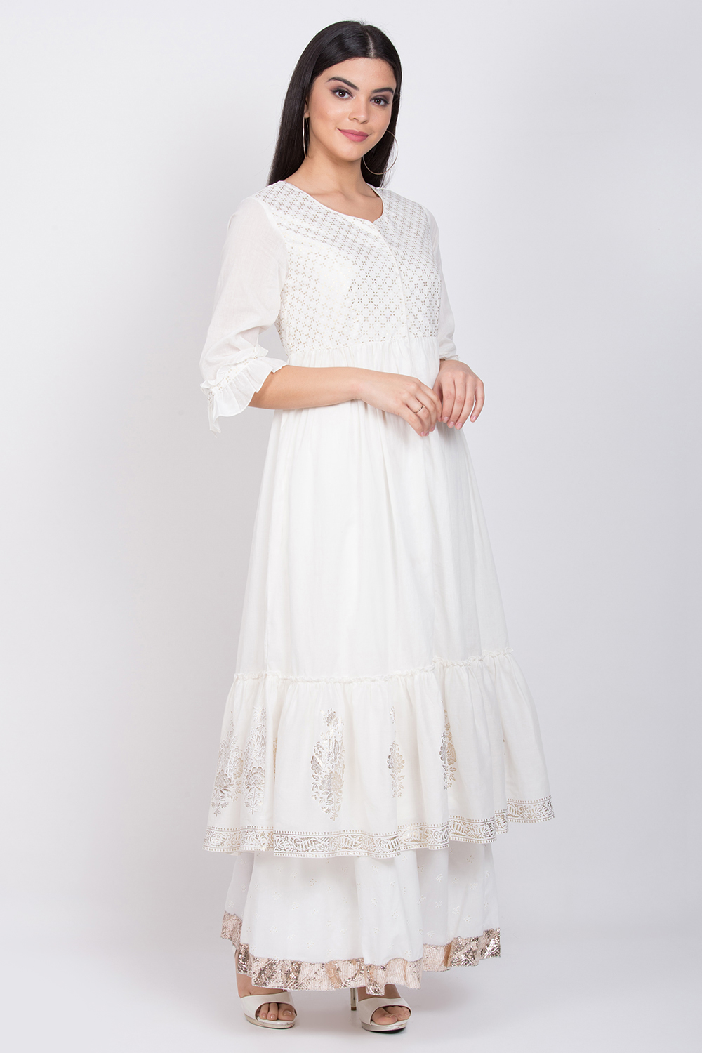 White Cotton Double Layered Printed Kurta image number 4