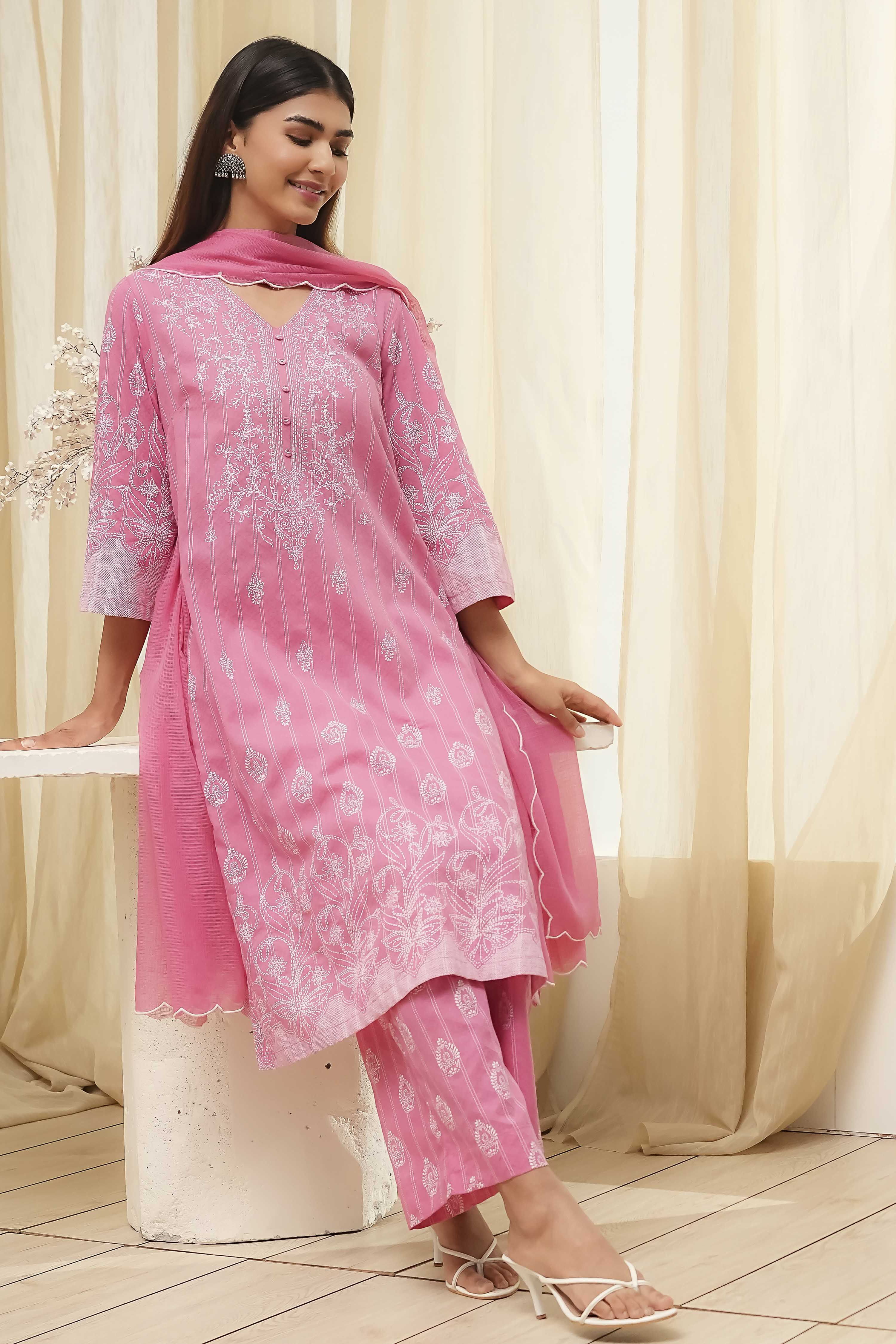 Pink Pure Cotton Printed Straight Suit Set image number 0