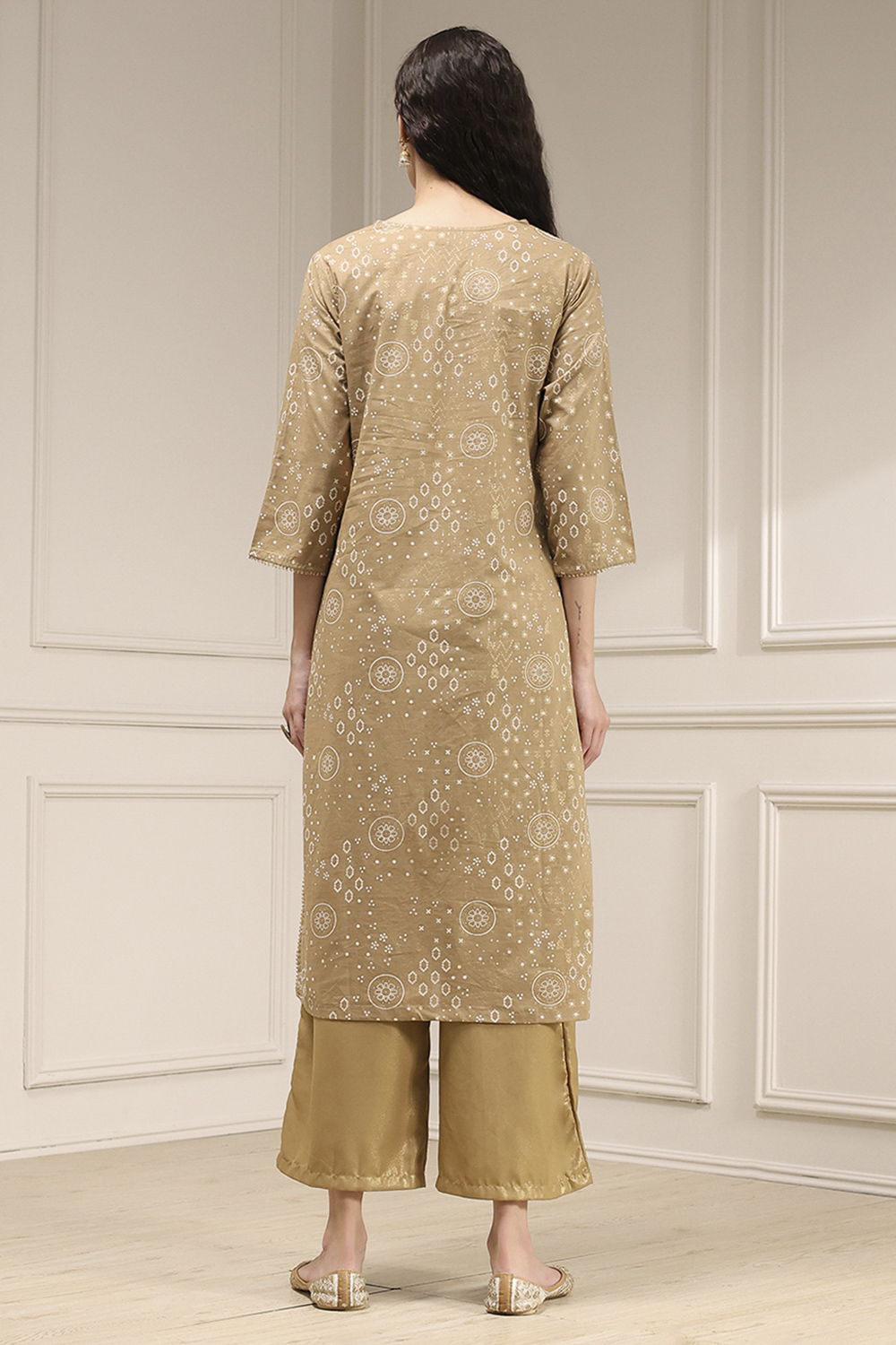 Beige Cotton Printed Straight Kurta image number 3
