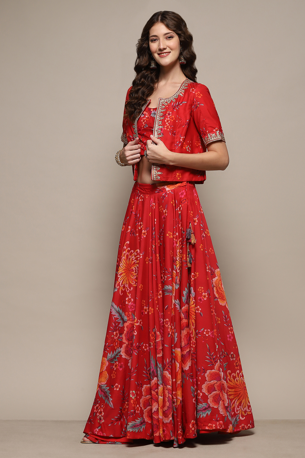 Red Floral Printed Flared Lehenga Set with Jacket image number 3