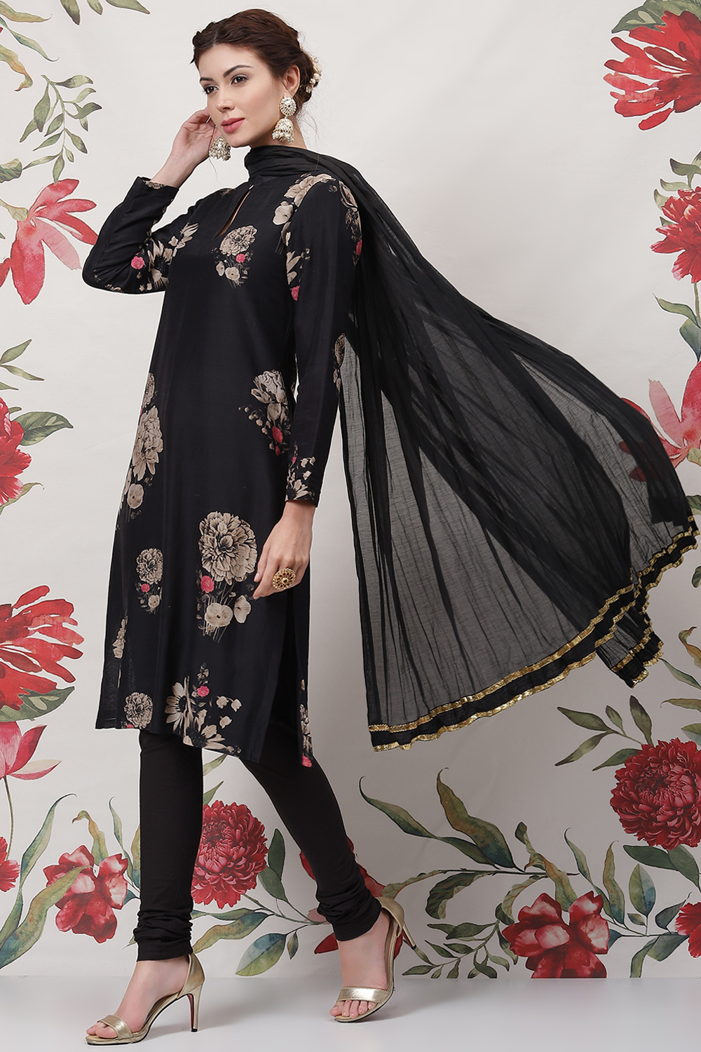 Black Silk & Cotton Straight Kurta Suit Set image number 5