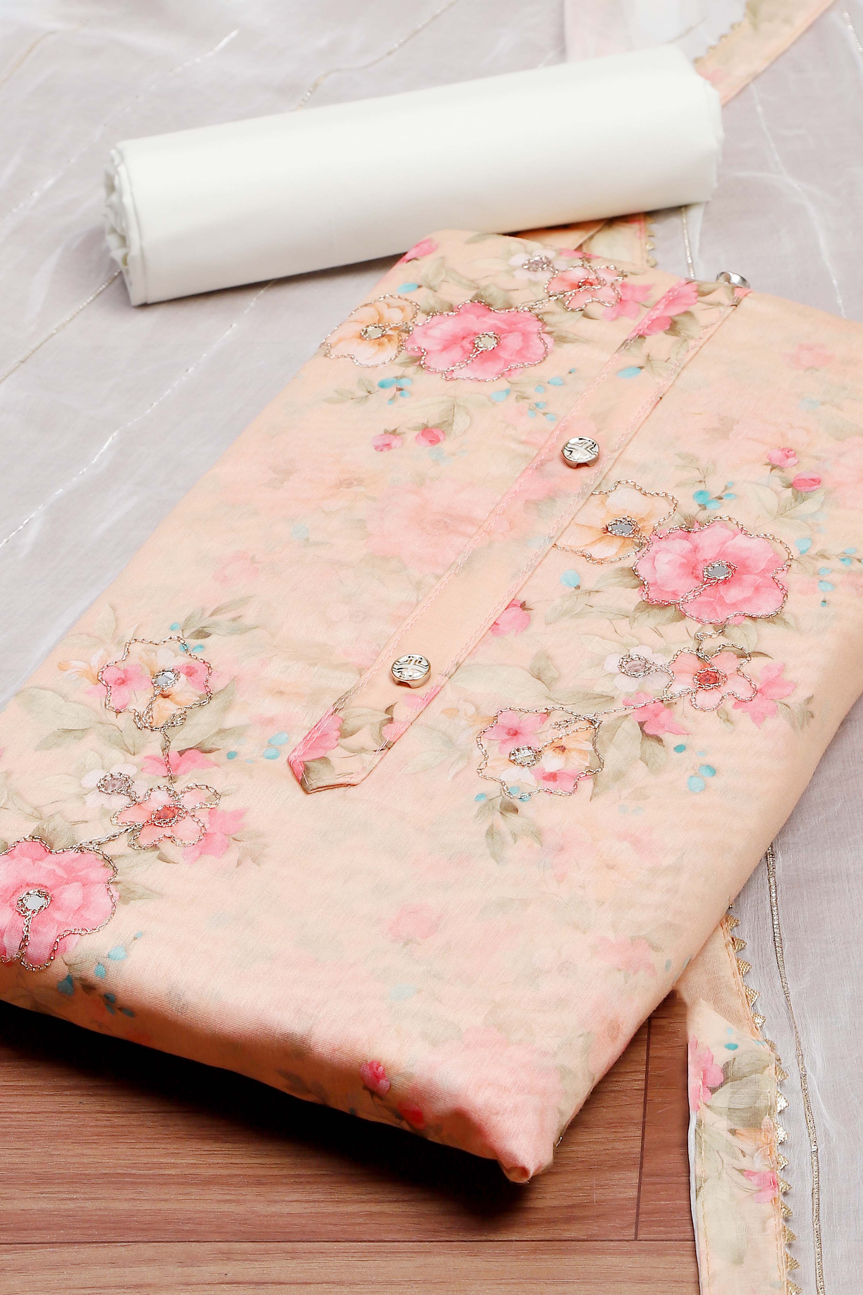 Peach Chanderi  Printed Unstitched Suit Set image number 1