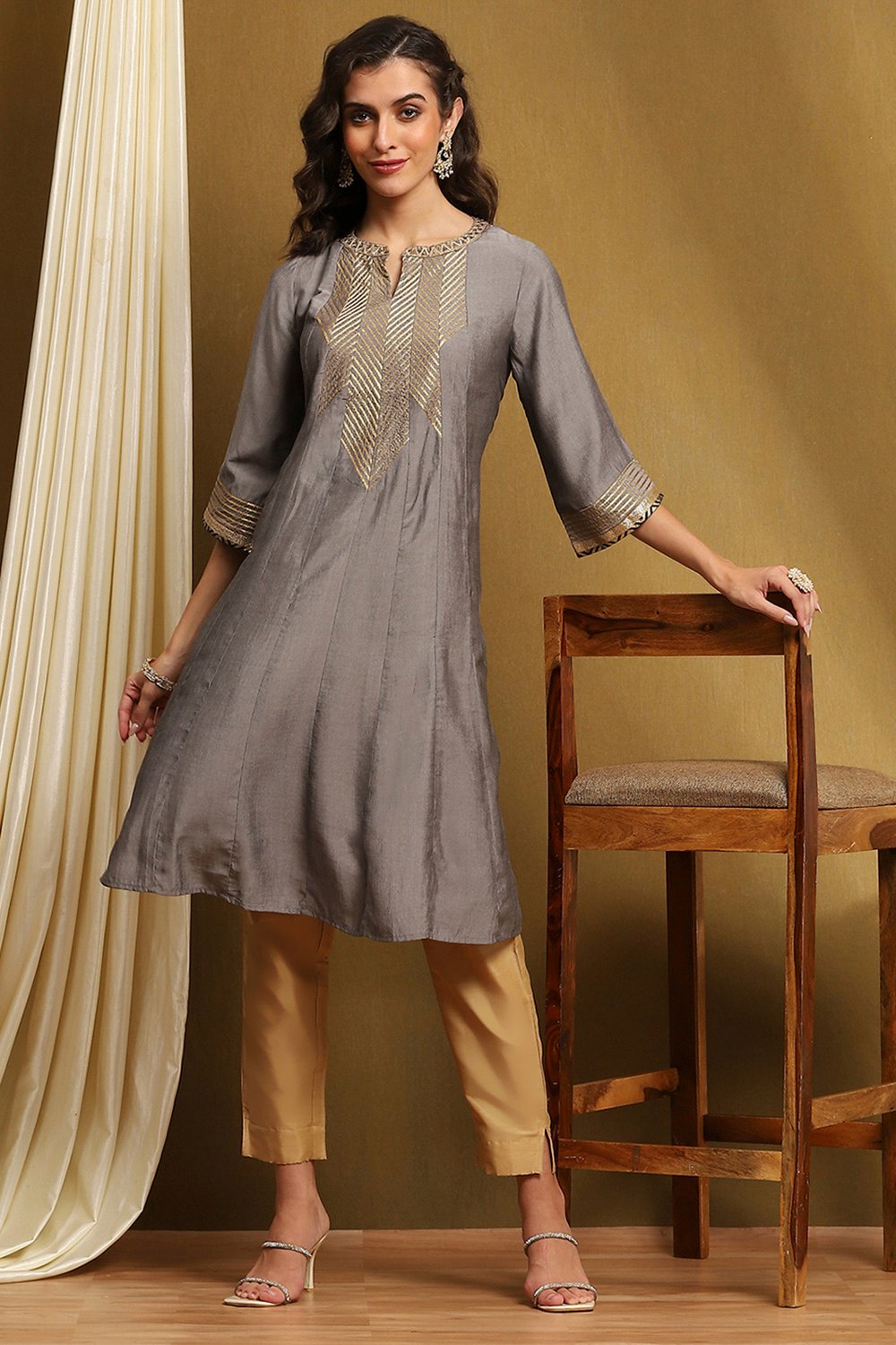 Grey Yarn-Dyed Festive Kalidar Kurta image number 0