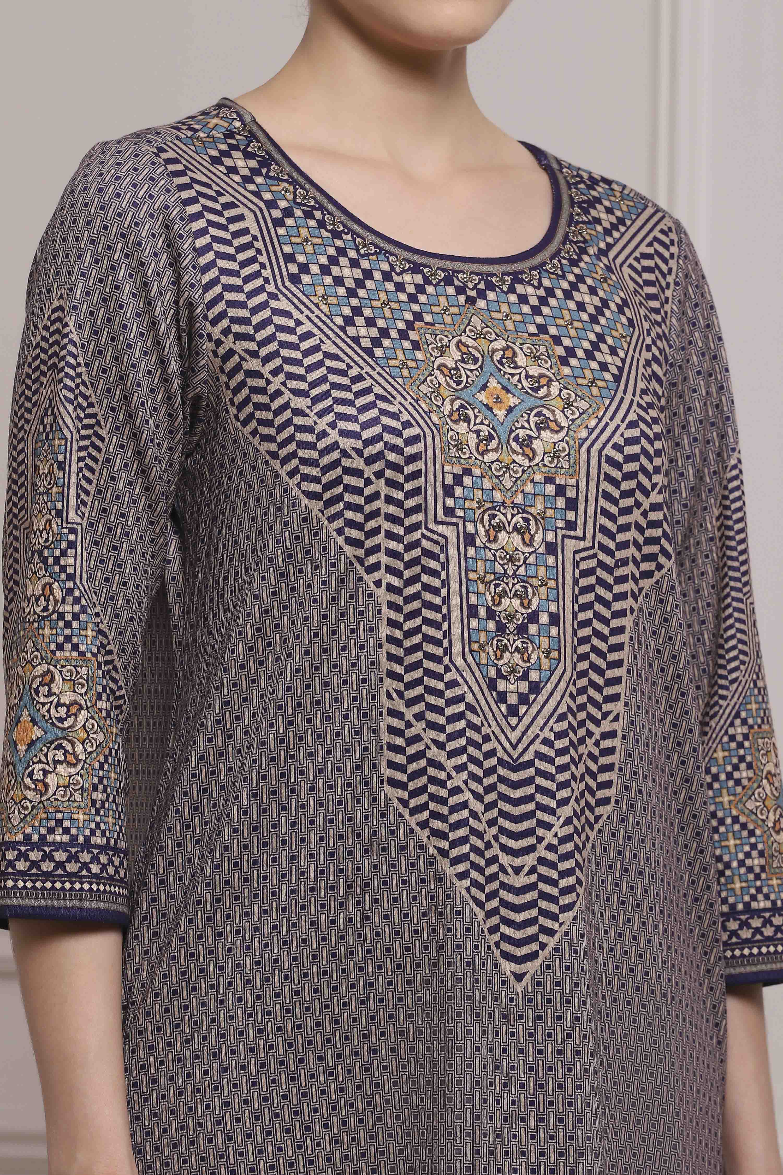 Blue Polyester Straight Printed Kurta image number 1