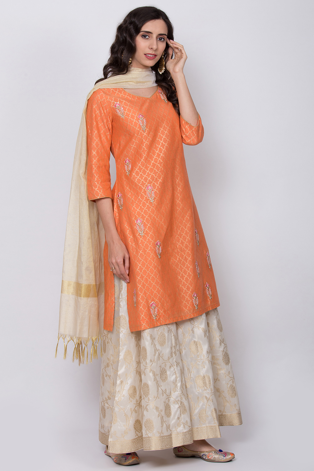 Orange Poly Cotton Kurta Sharara Suit Set image number 3