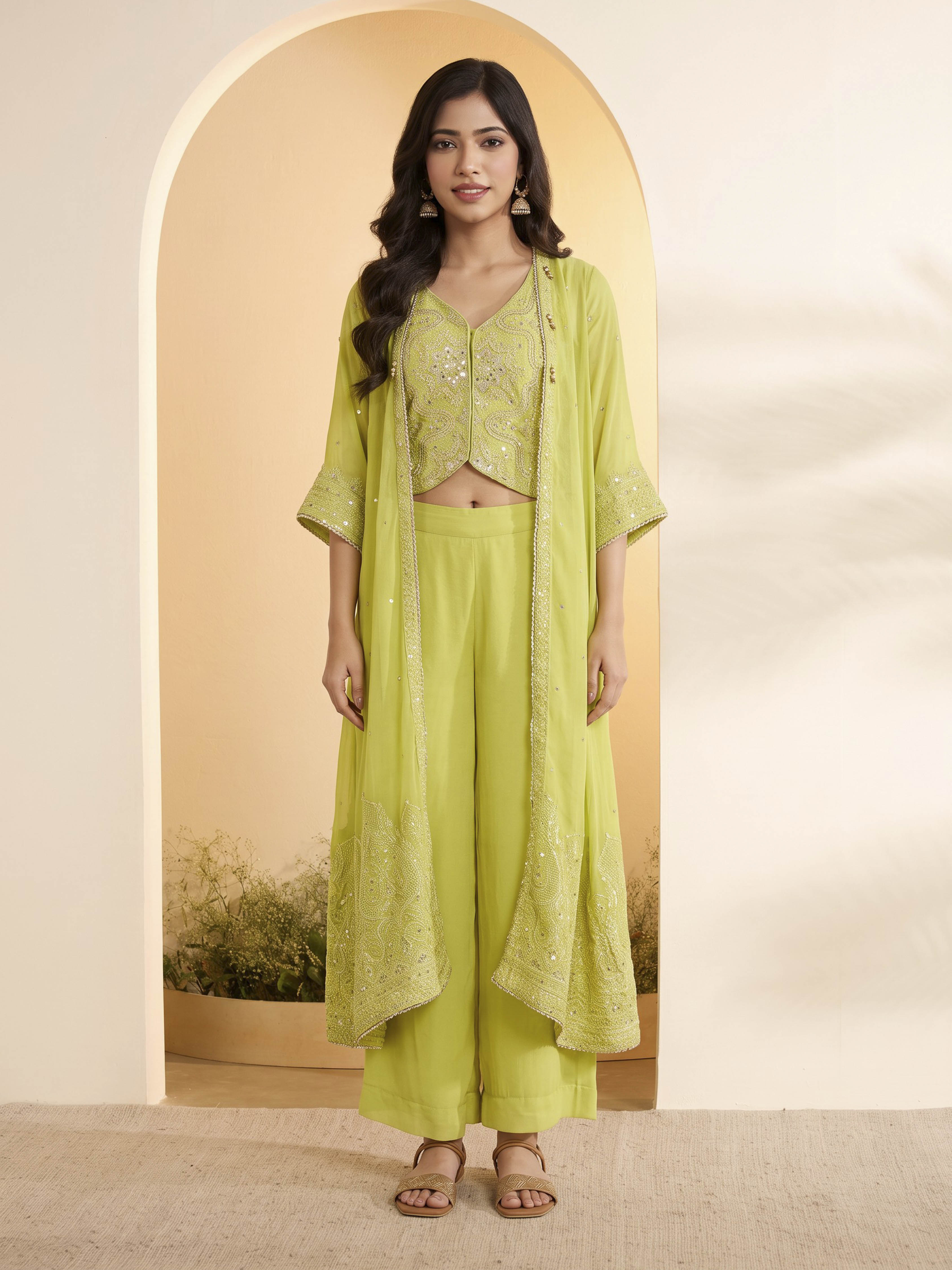 Yellow Poly Georgette Regular Fusion Set image number 5