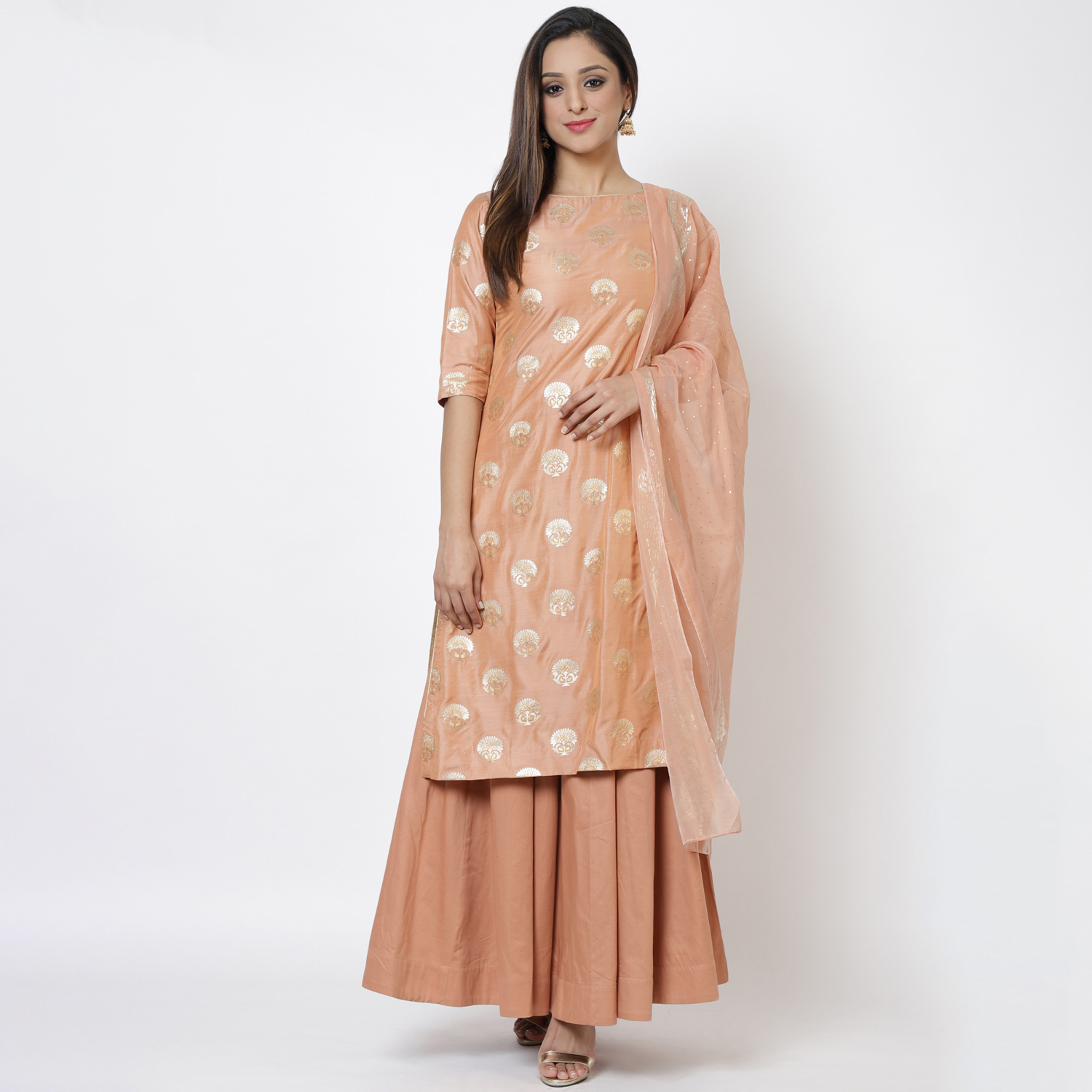 Peach Art Silk Straight Kurta Skirt Suit Set image number 4