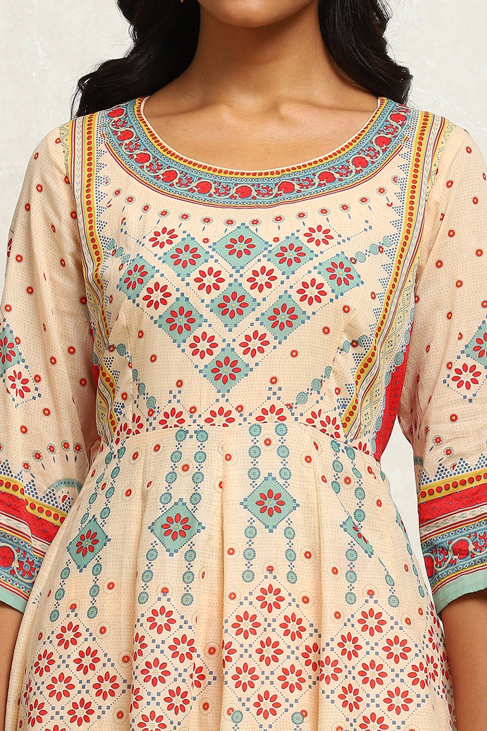 Ecru Cotton Geometric Printed Anarkali Suit Set image number 1