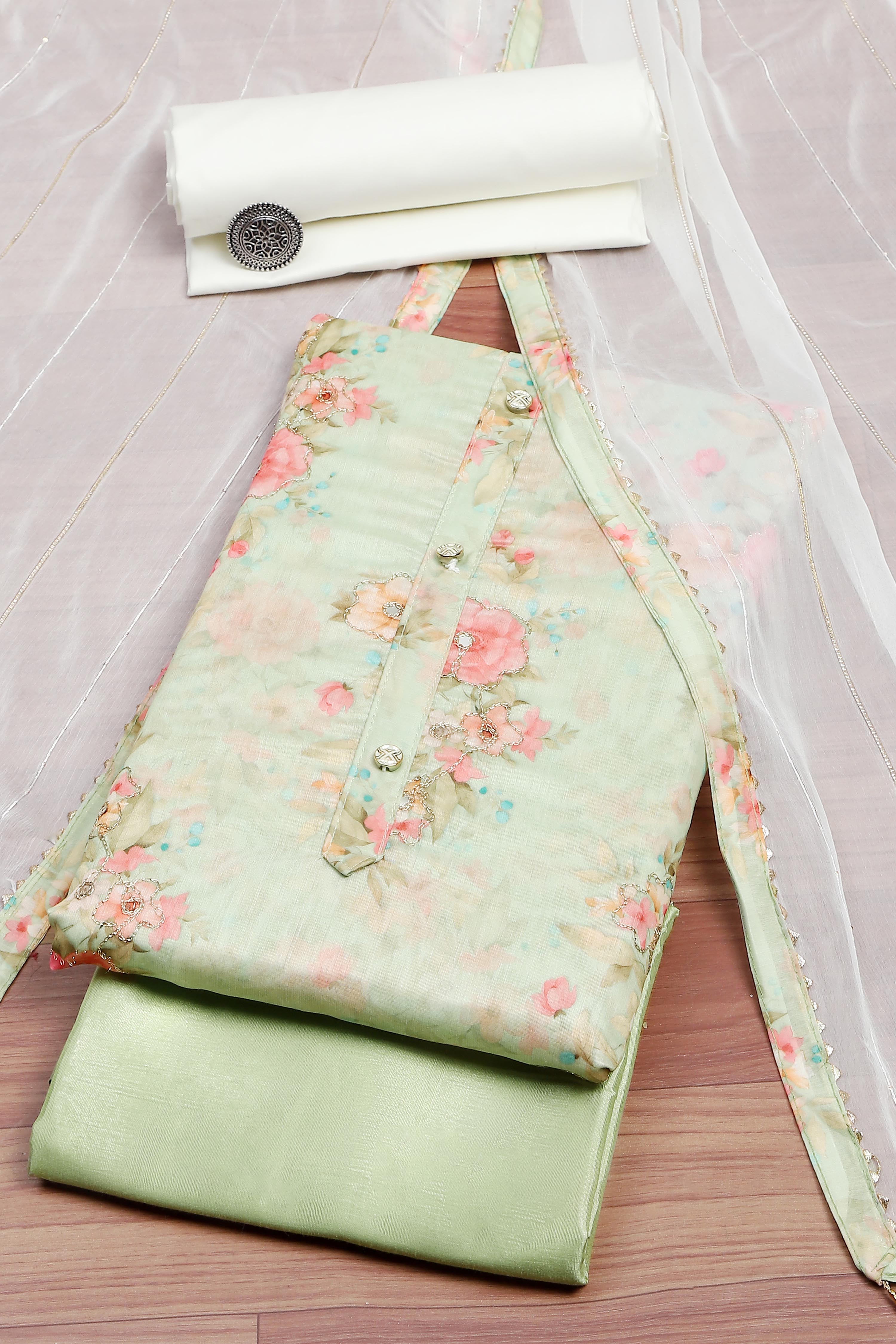 Peach Chanderi  Printed Unstitched Suit Set image number 0
