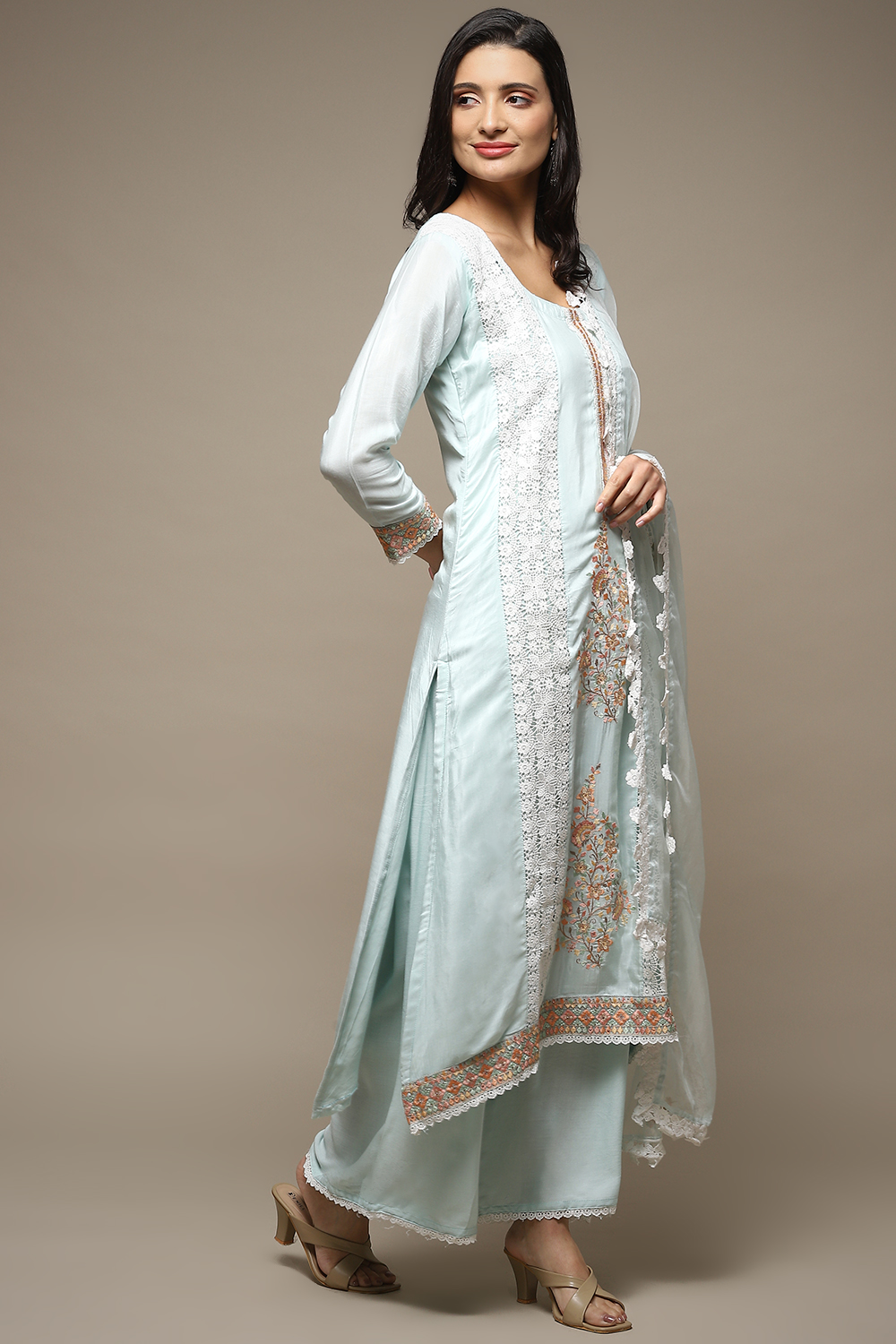 Light Blue Muslin Lace Unstitched Suit Set image number 7