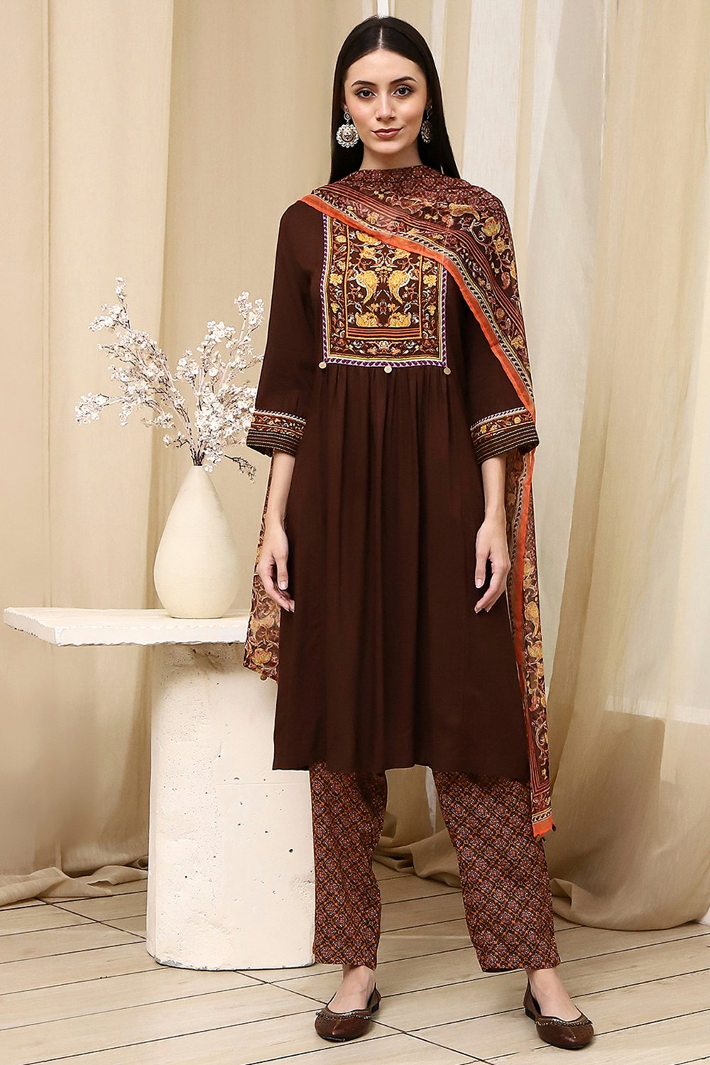 Brown Rayon Viscose Narrow Suit Set image number 6