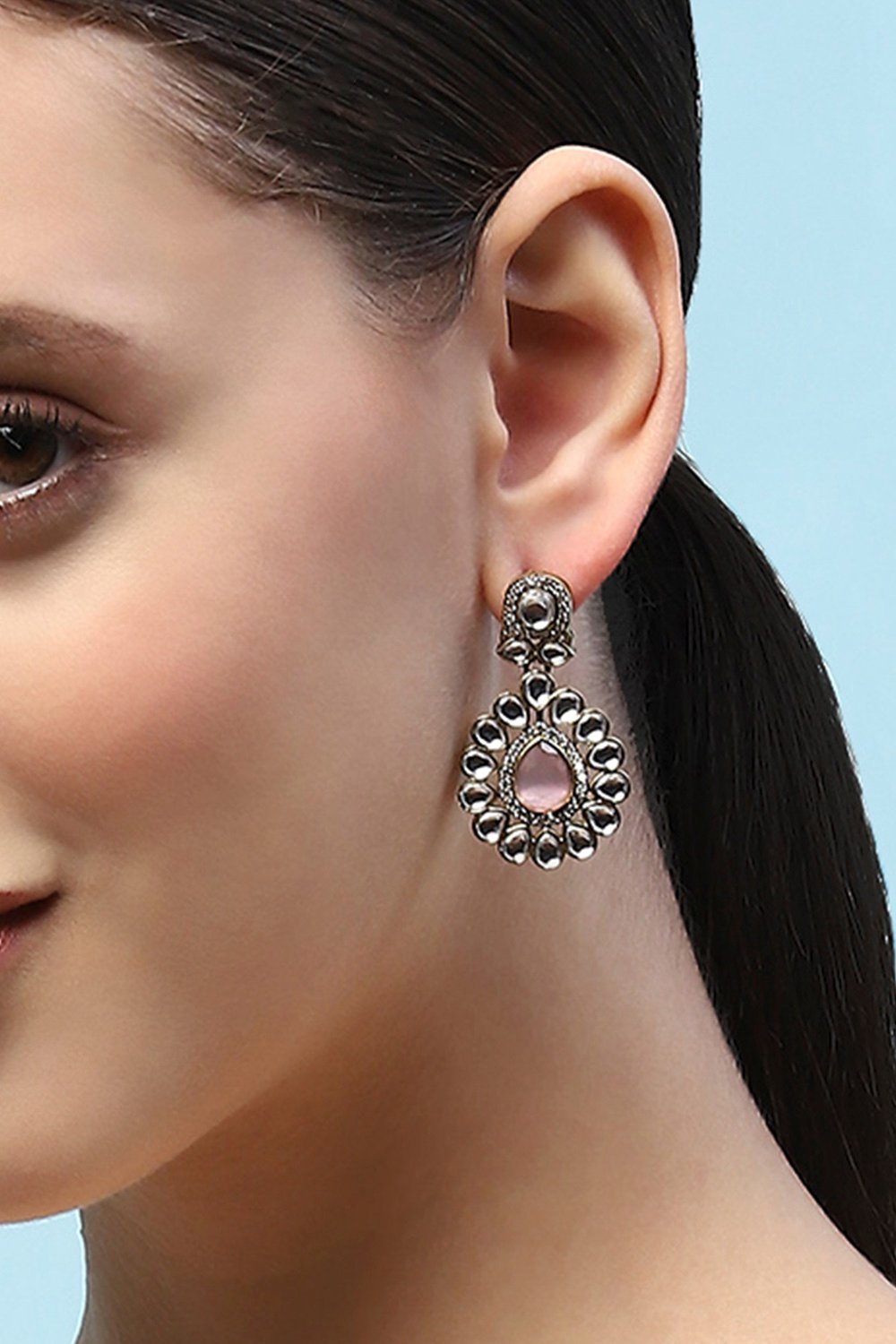 Light Pink Gold-Plated Kundan Tear Drop Danglers image number 3