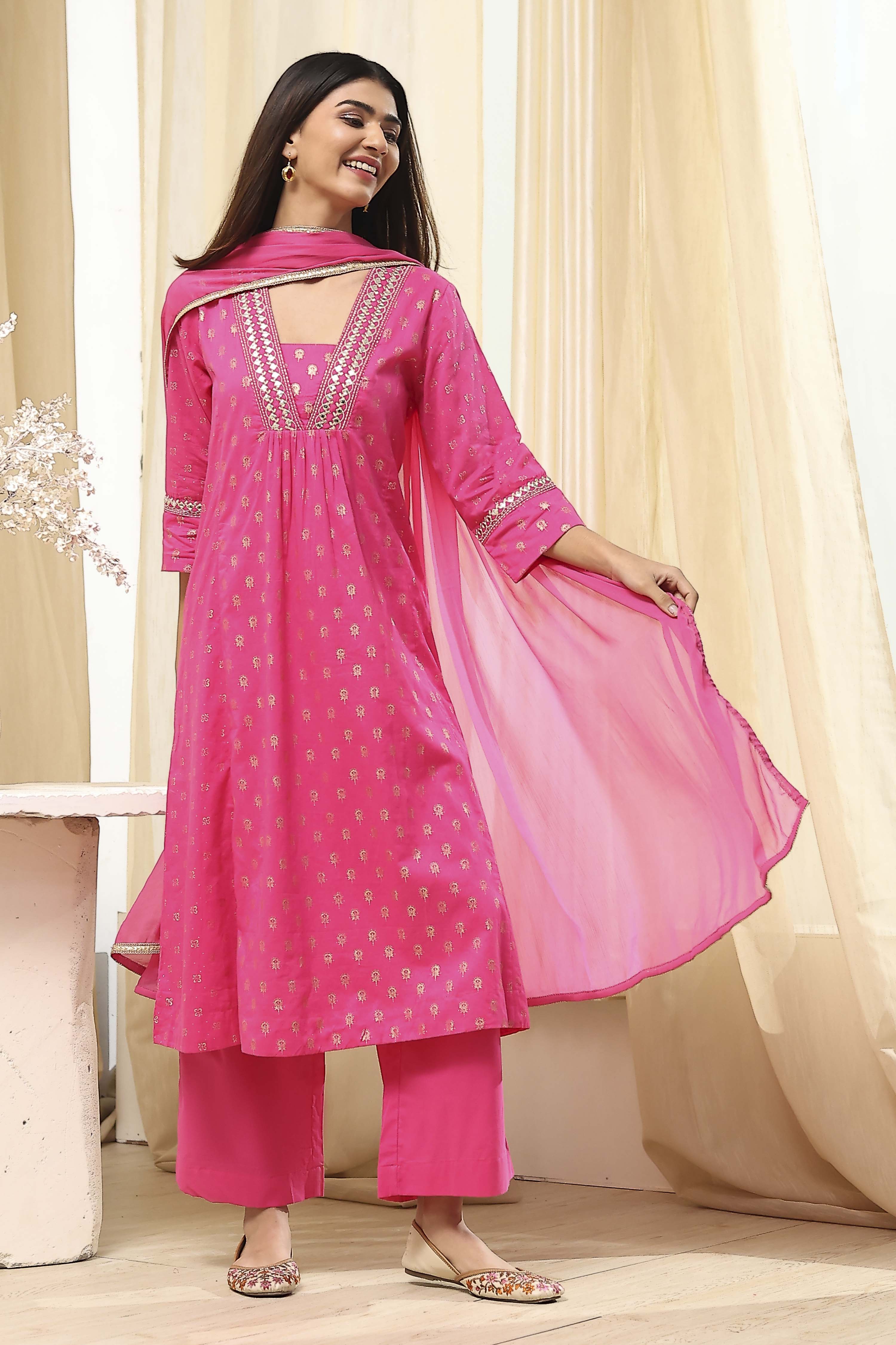 Fuchsia Cotton Printed Gathered Suit Set image number 0