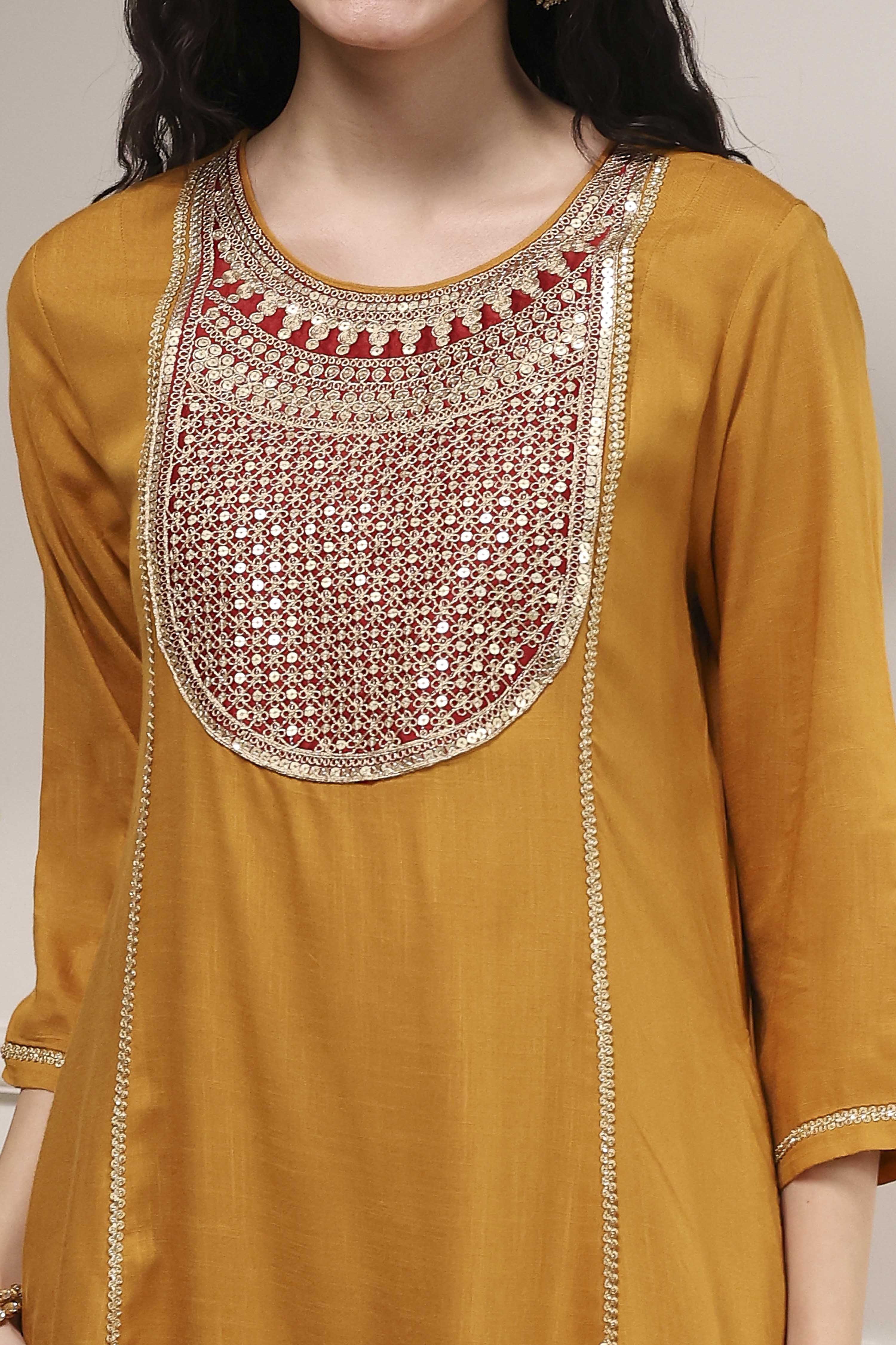 Mustard Viscose Rayon Straight Dyed Suit Set image number 1