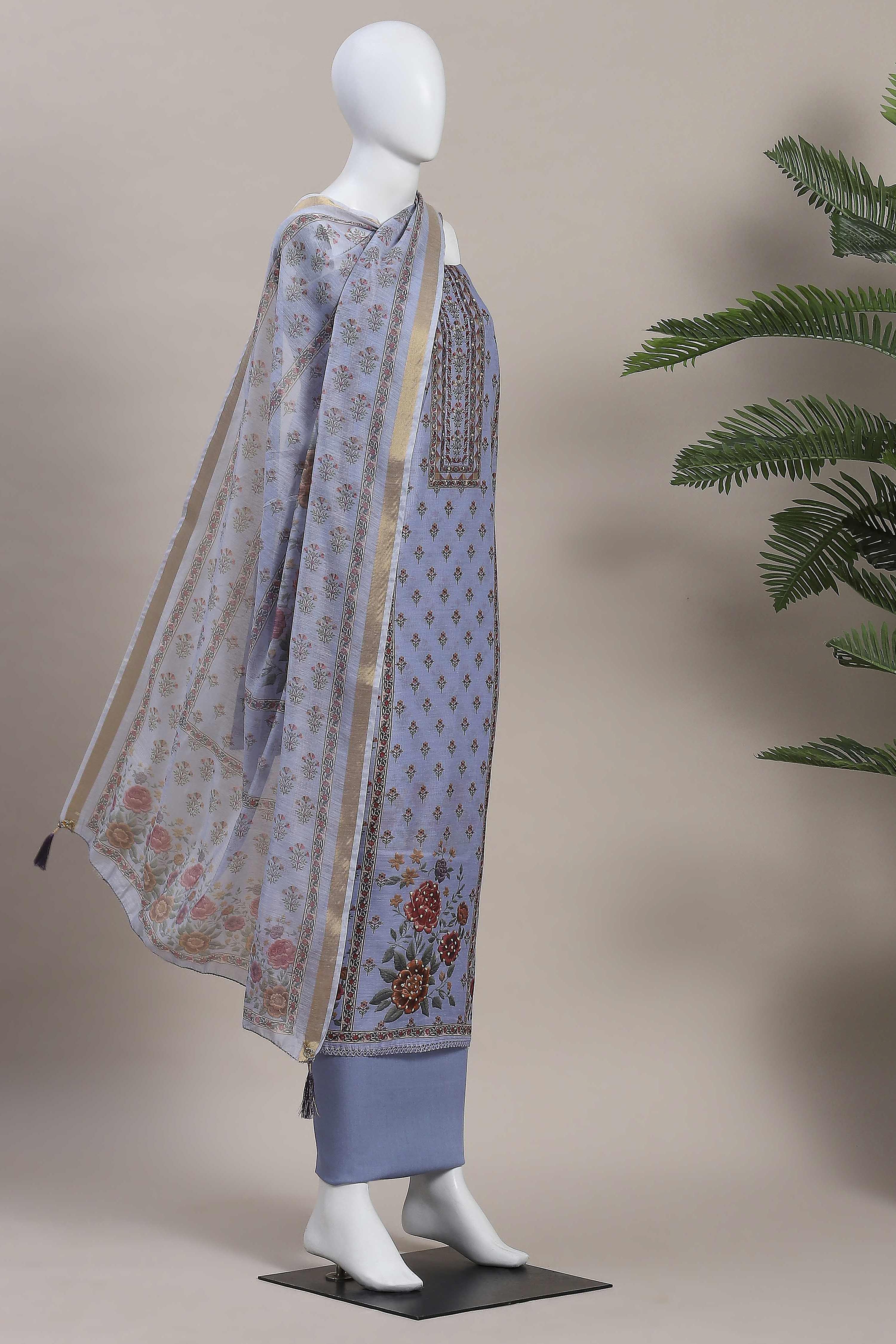 Cream-Toned Muslin Rajasthani Print Unstitched Suit Set image number 4