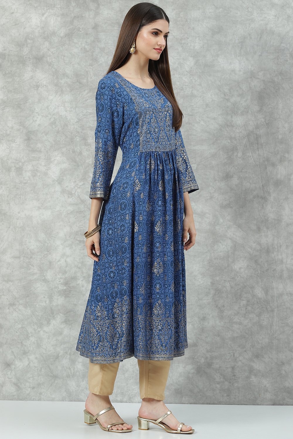 Brown Rayon A-Line Printed Kurta image number 3
