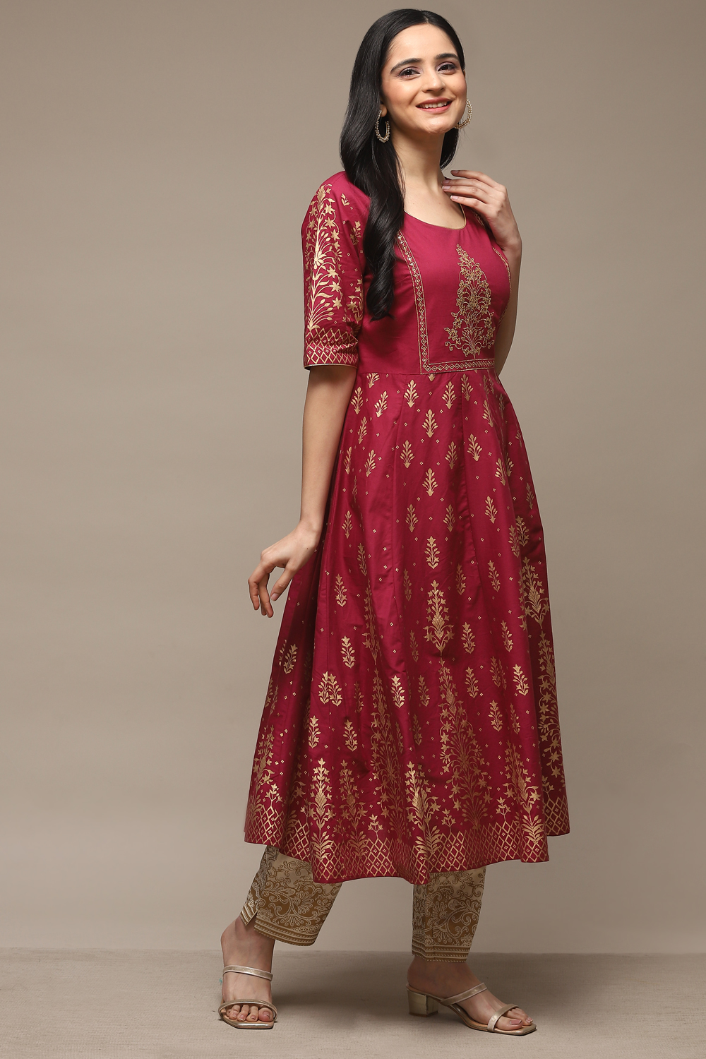 Wine Cotton Flared Printed Kurta image number 3
