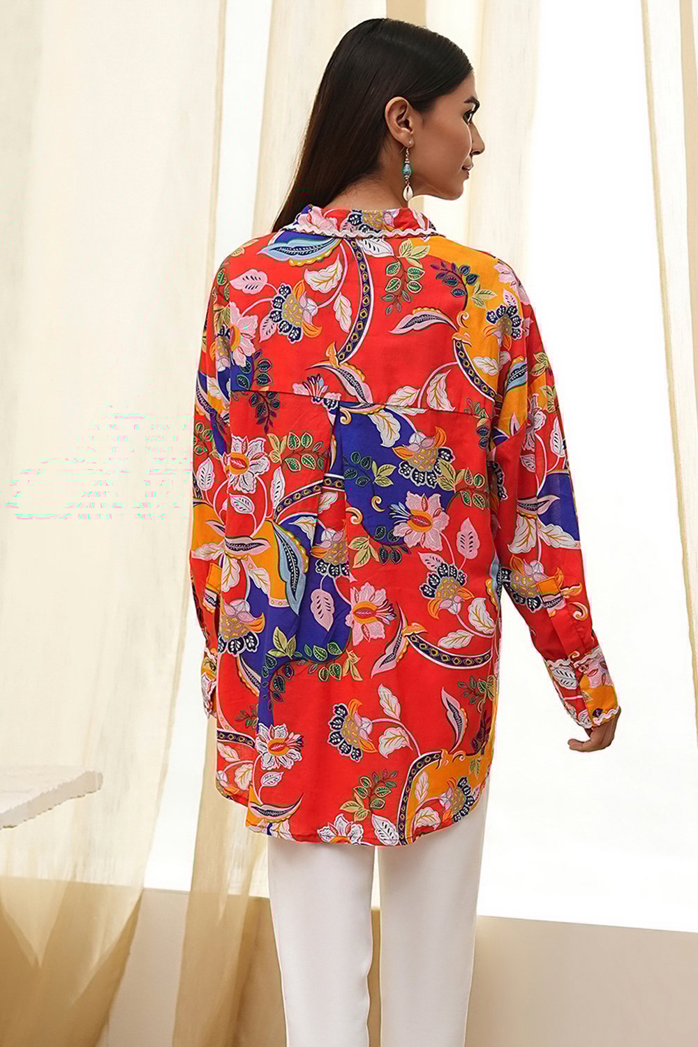 Orange Cotton Floral High-Low Shirt image number 3