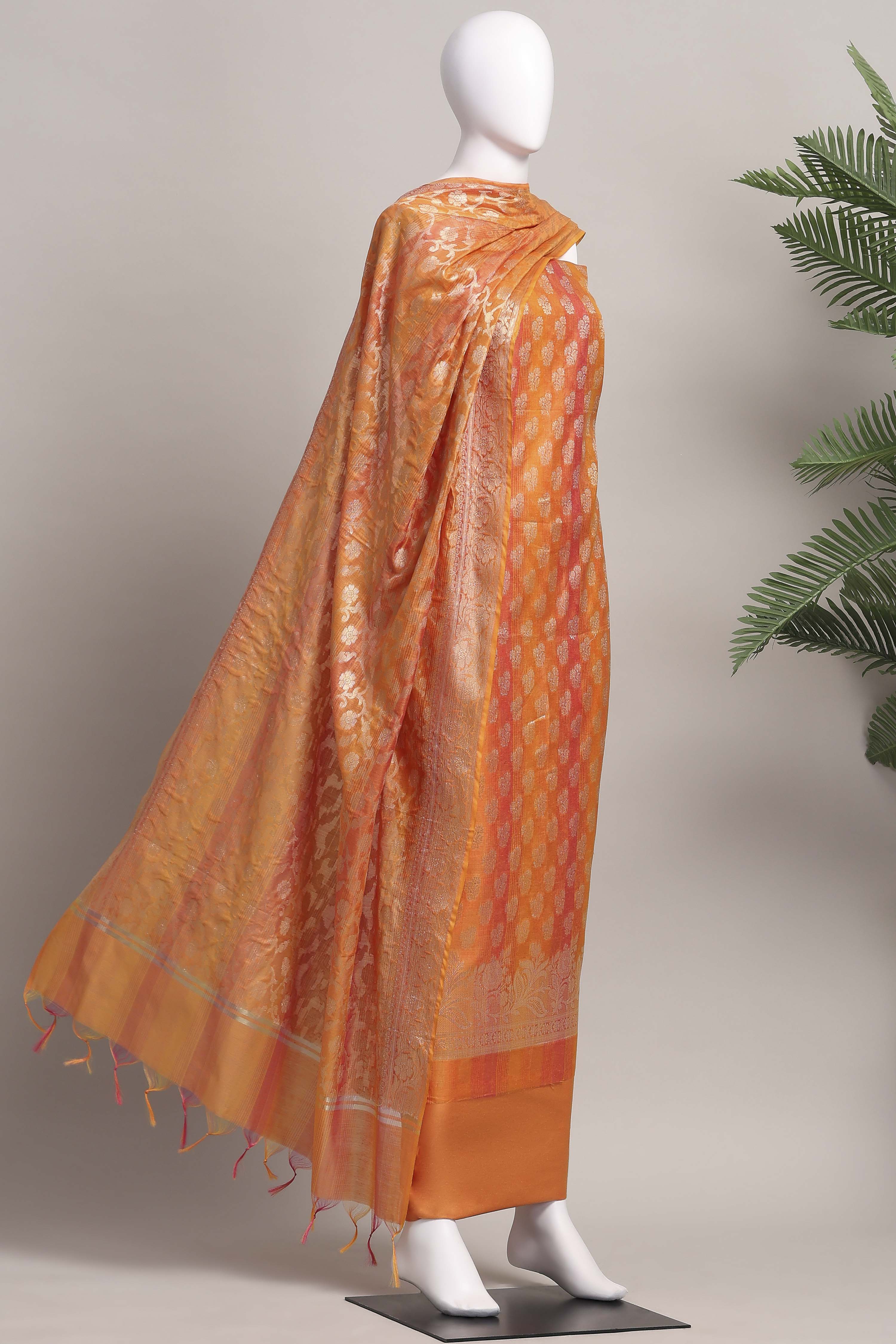 Rust Banarasi Chanderi Banarasi Print Unstitched Suit Set image number 4