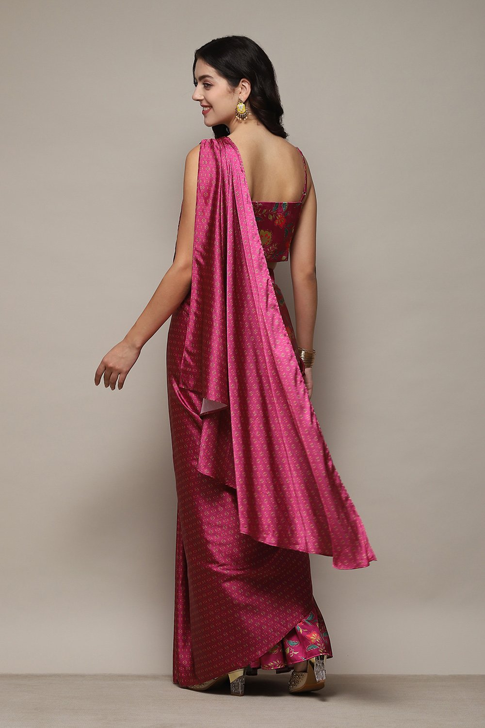 Plum Pre-Draped Saree & A Stitched Blouse With Floral Prints image number 4