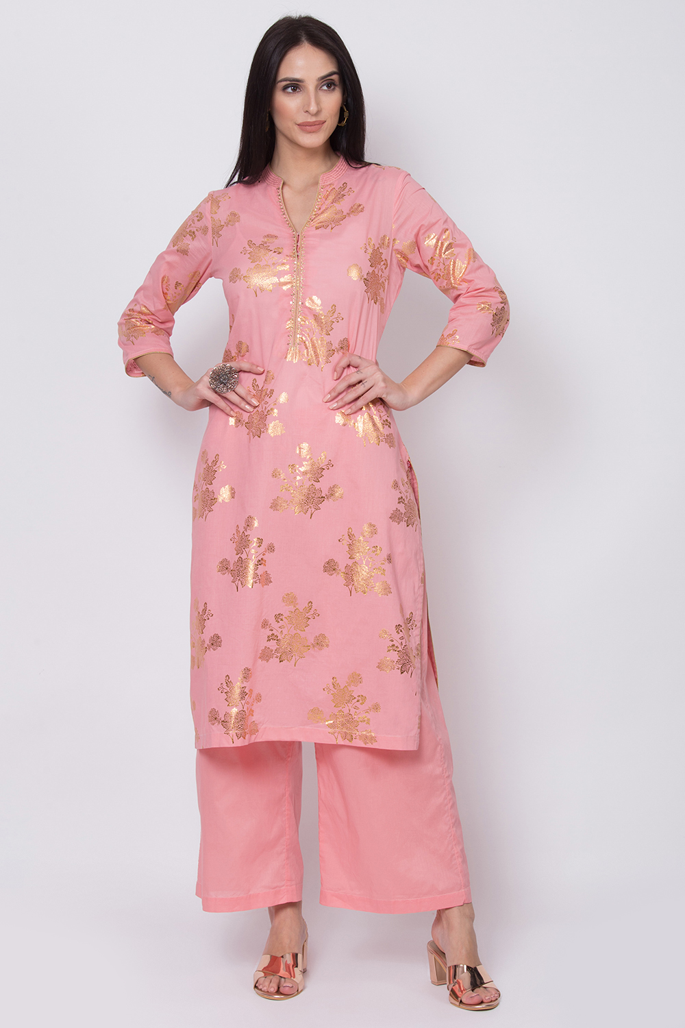 Peach Cotton Straight Kurta Palazzo Suit Set image number 2