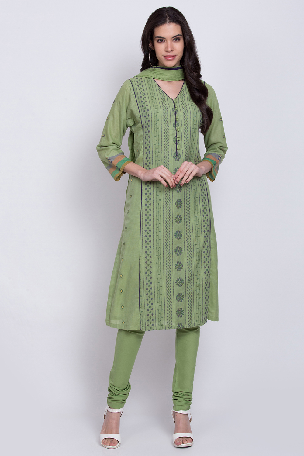 Green Cotton Straight Kurta Churidar Suit Set image number 0