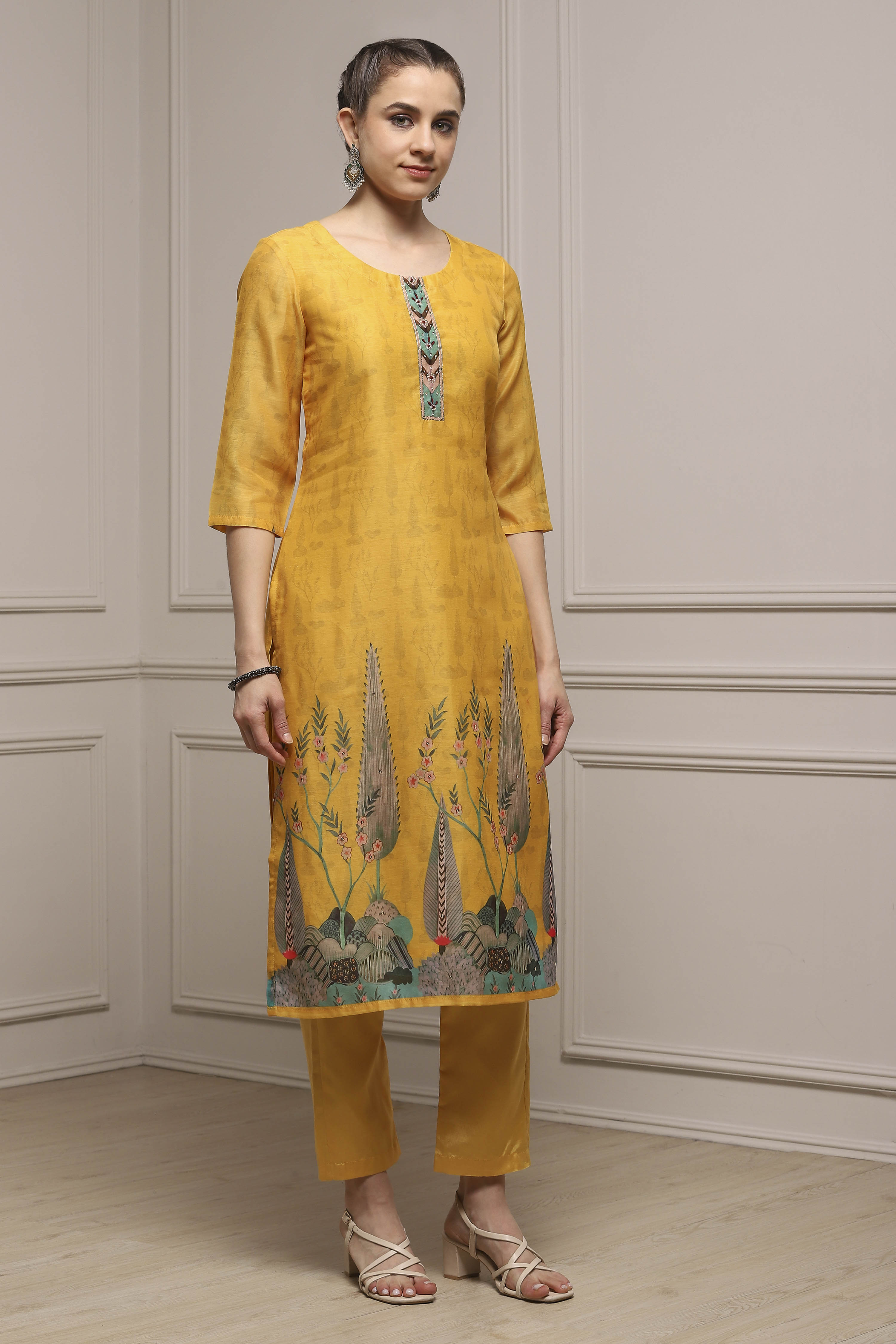 Yellow Chanderi Blend Printed Embroidered Unstitched Suit Set image number 6