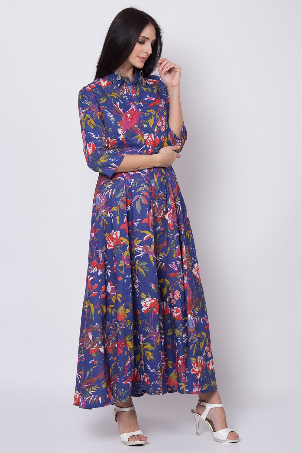 Blue Cotton Flared Fusion Wear Dress image number 3