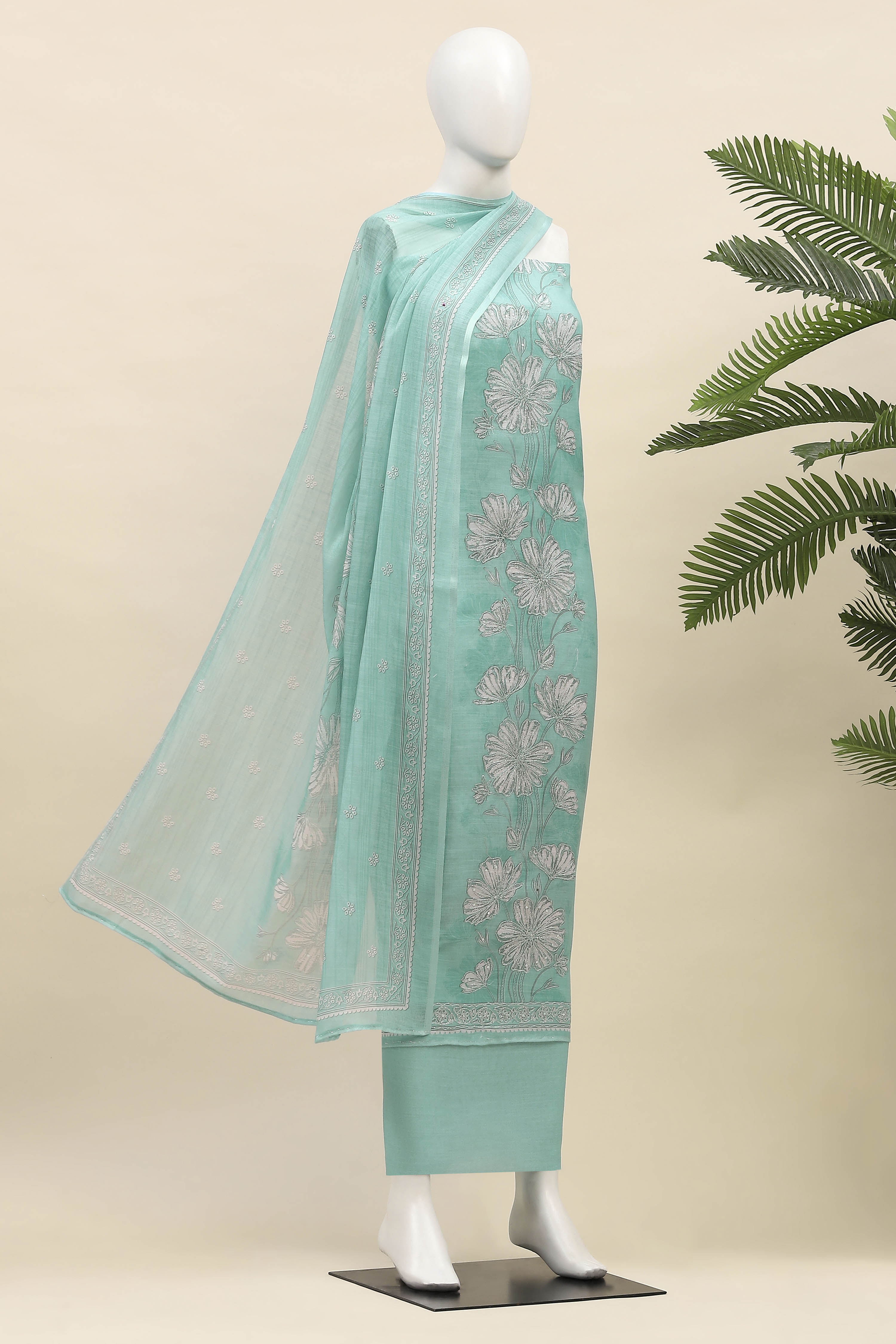 Yellow Linen Unstitched Suit Set image number 4