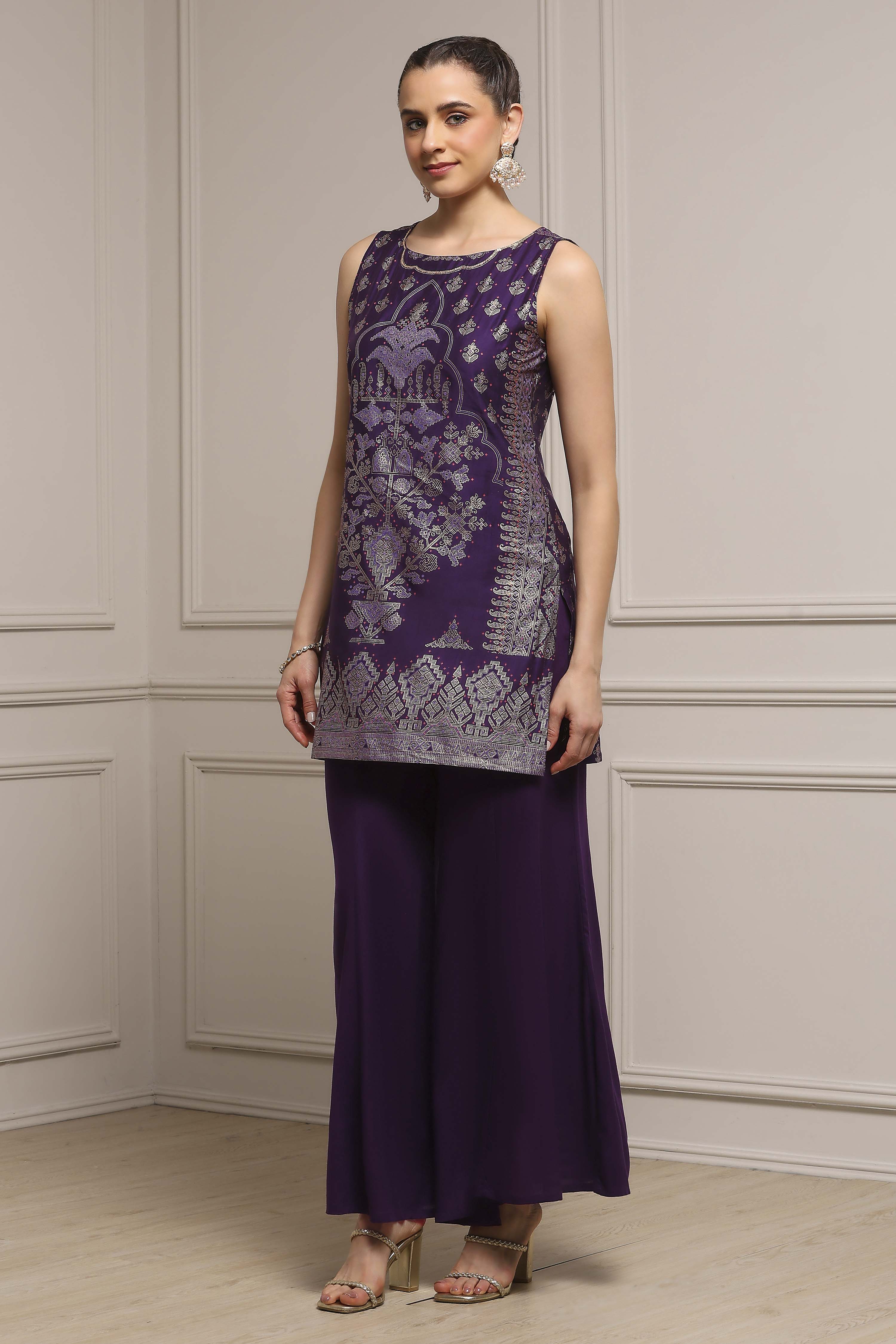 Purple Viscose Blend Straight Printed Kurta Pants Set image number 3