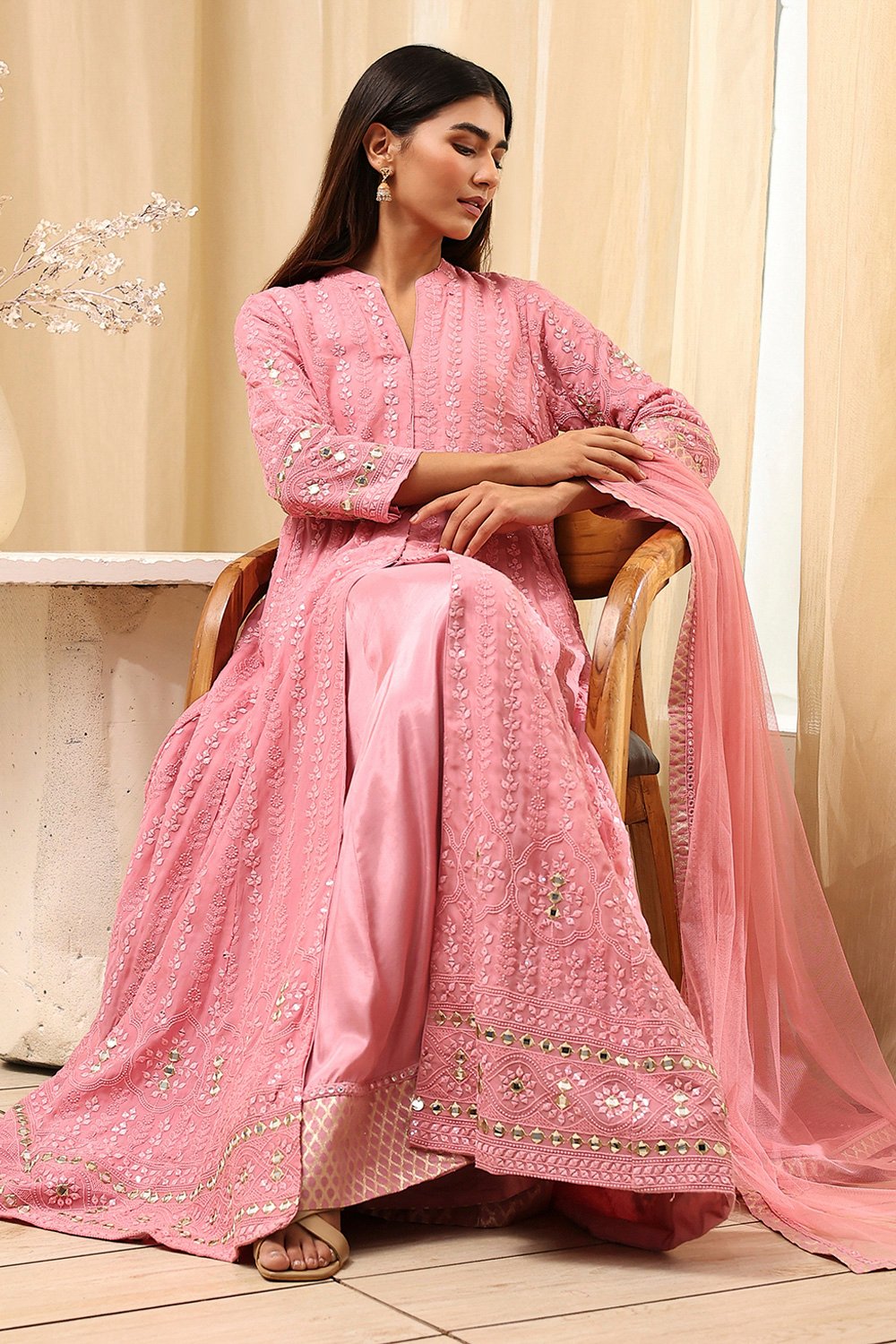 Powder Pink Viscose Front Open Suit Set image number 0