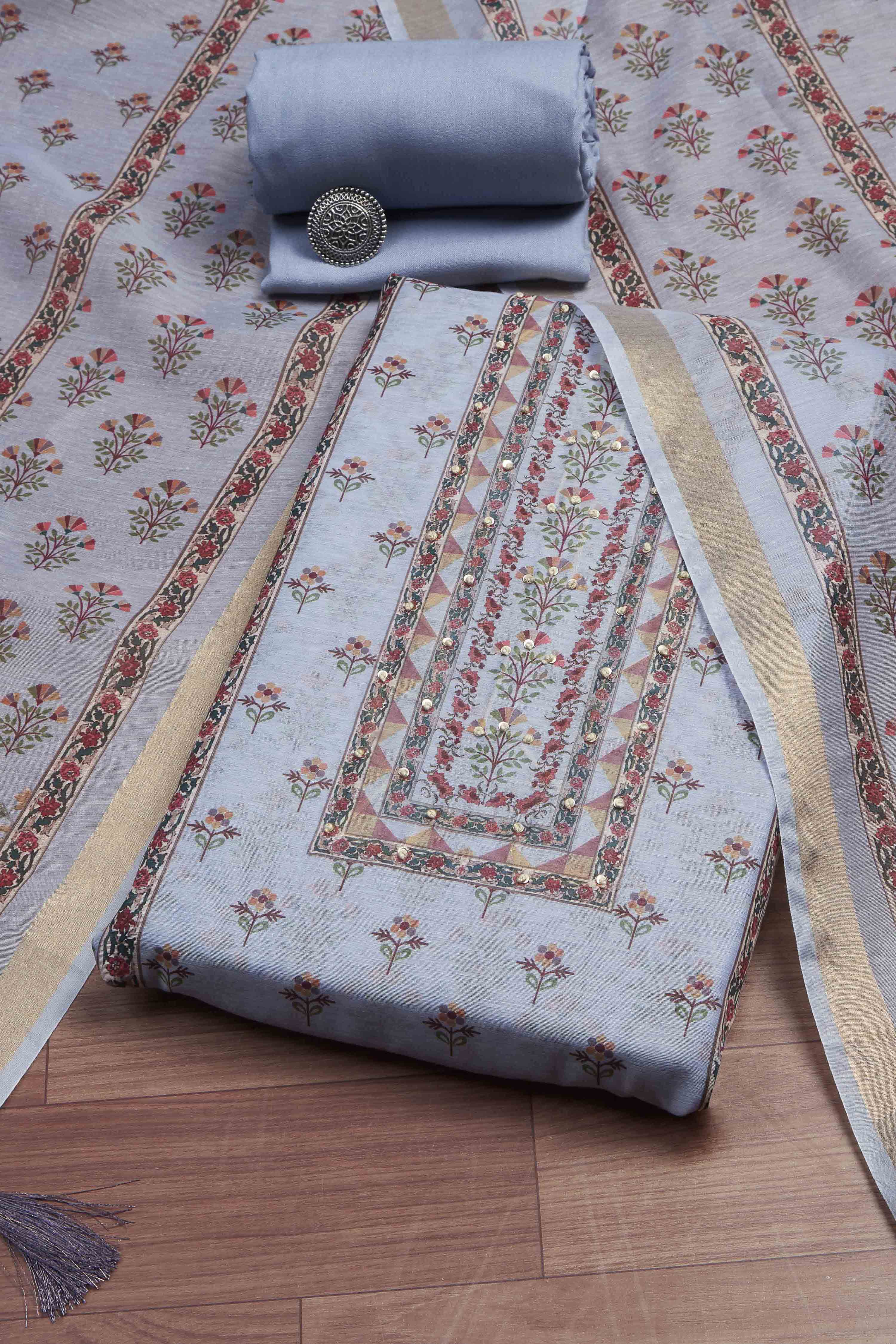 Cream-Toned Muslin Rajasthani Print Unstitched Suit Set image number 0