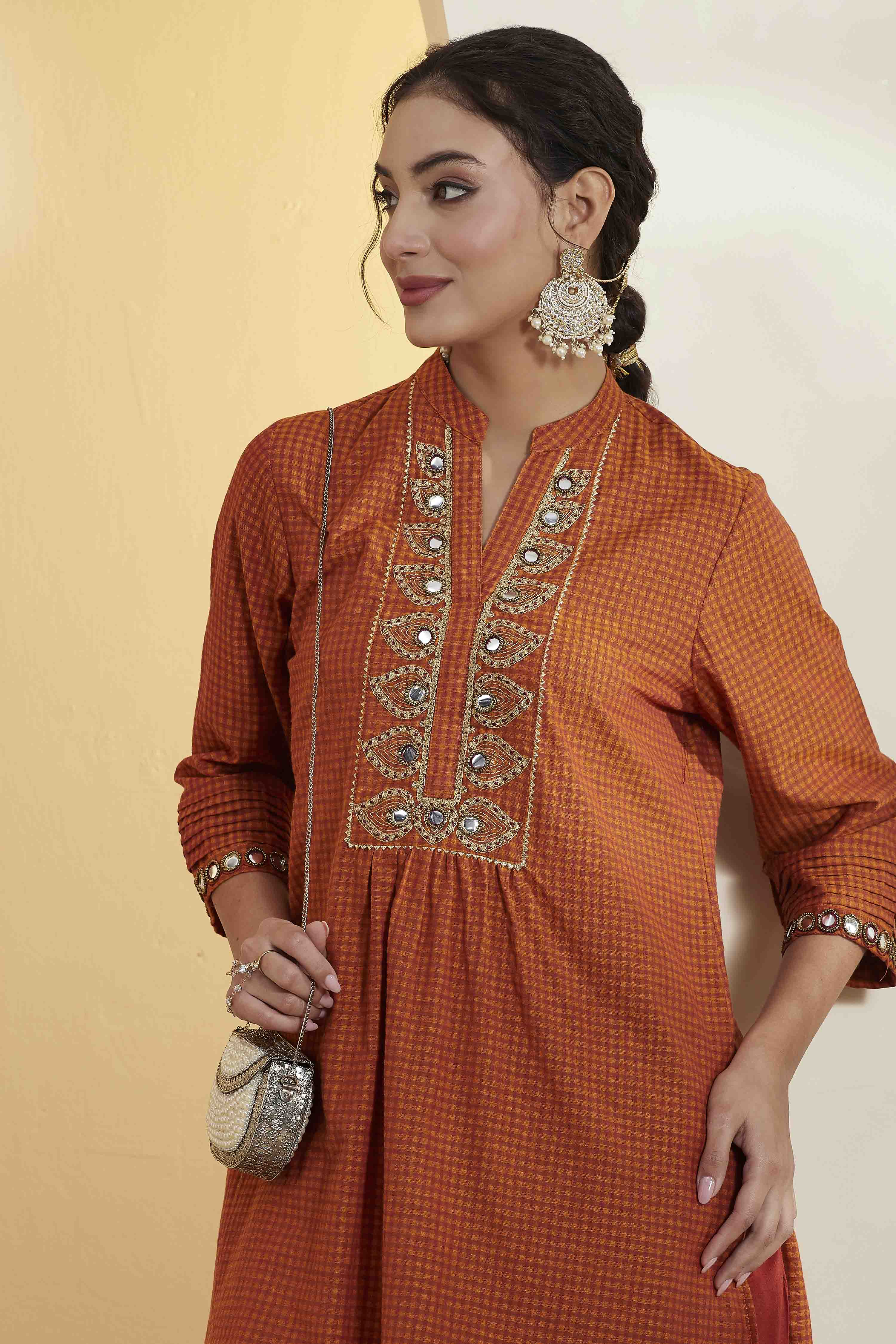 Rust Cotton Mirror Work Short Kurta Set image number 1