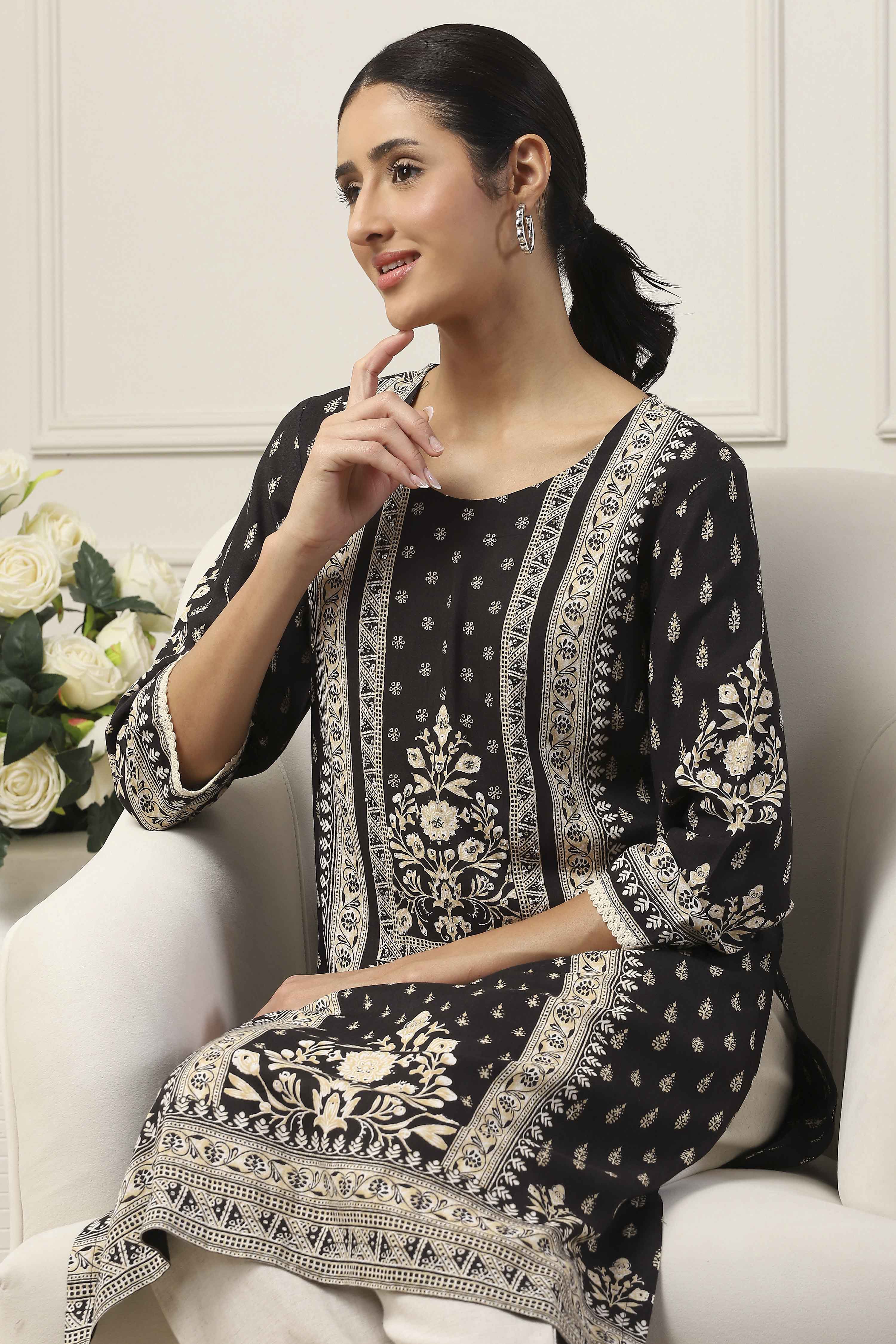 Black Viscose Rayon Ethnic Motif Printed Straight Kurta image number 6