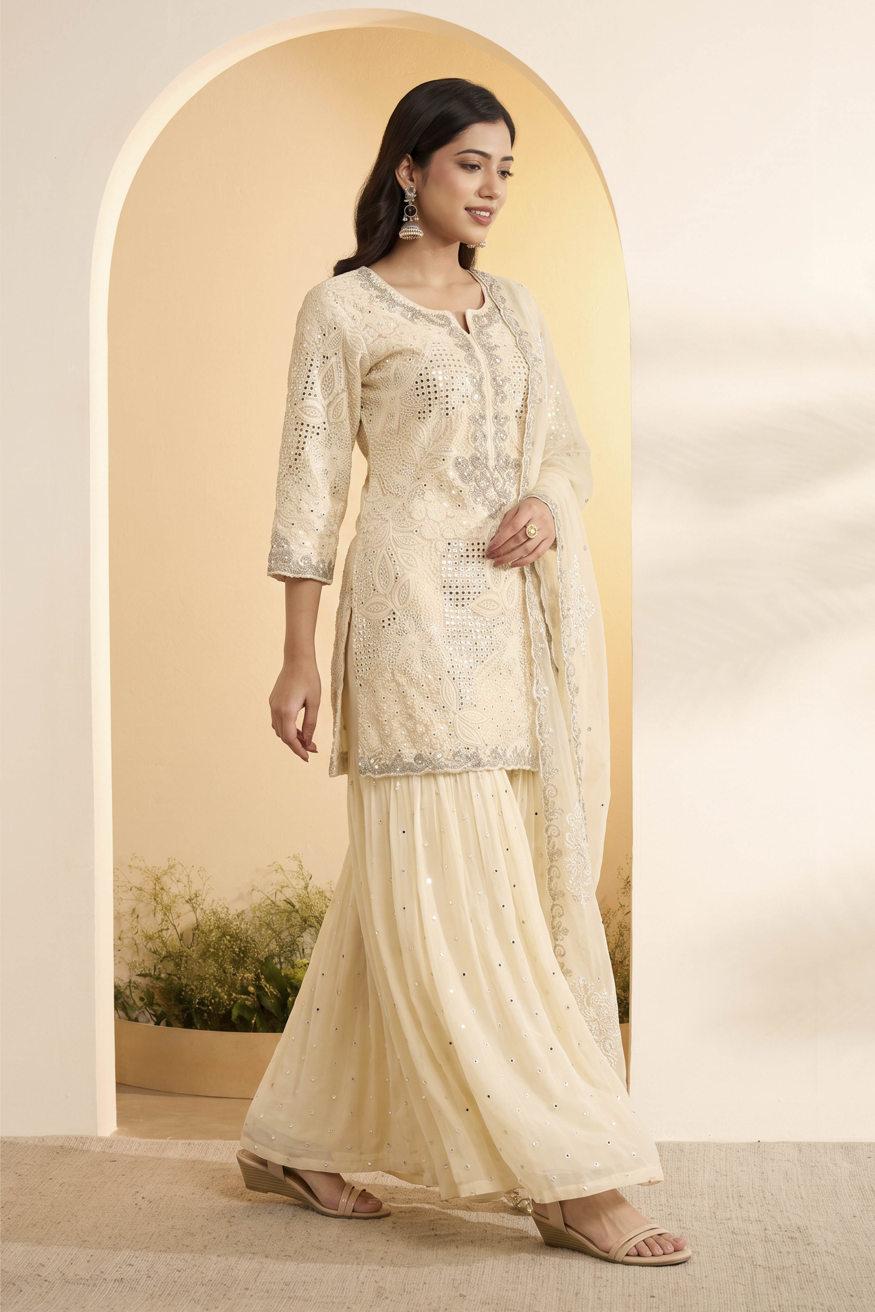 Powder Blue Butterfly Net Embroidered Sharara Suit Set image number 3