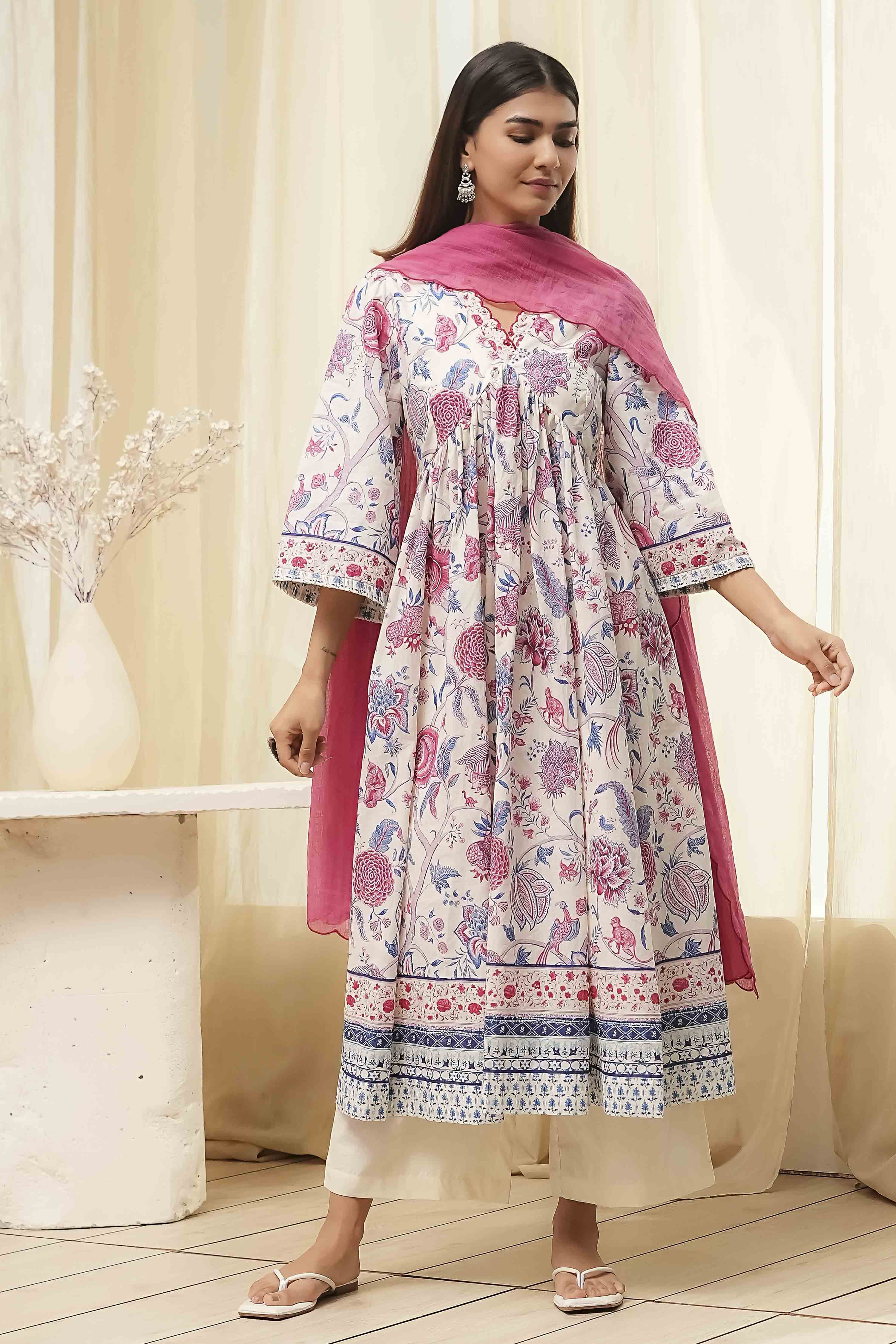 Off-White Cotton Floral Gathered Suit Set image number 6