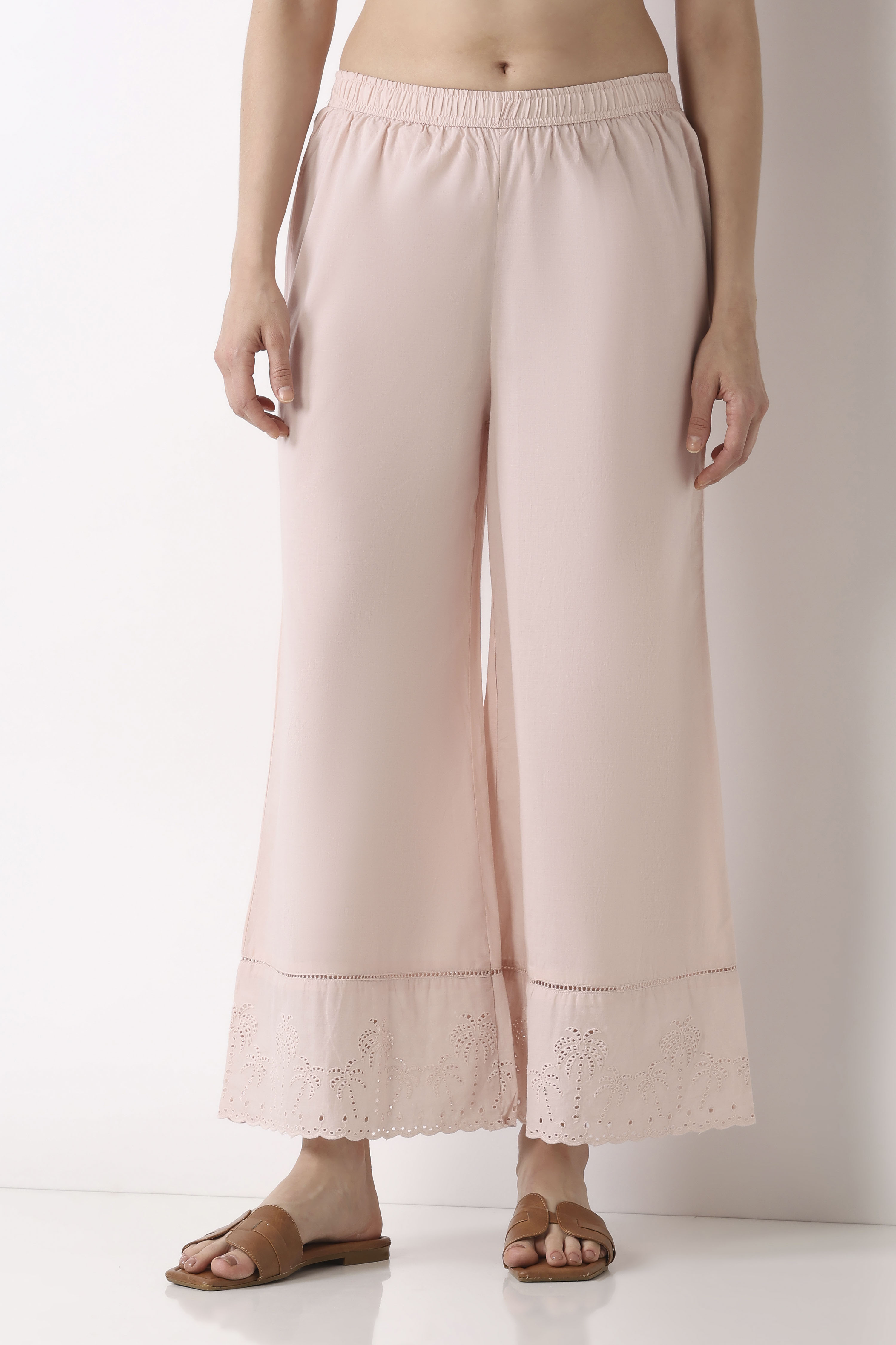 Light Pink Cotton Flared Palazzos image number 4