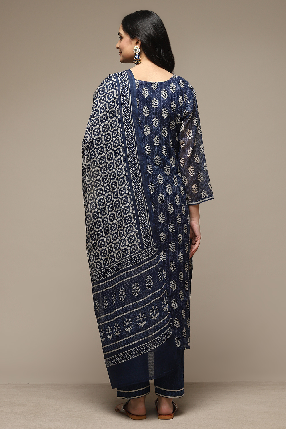 Blue Cotton Hand Block Print Unstitched Suit Set image number 4
