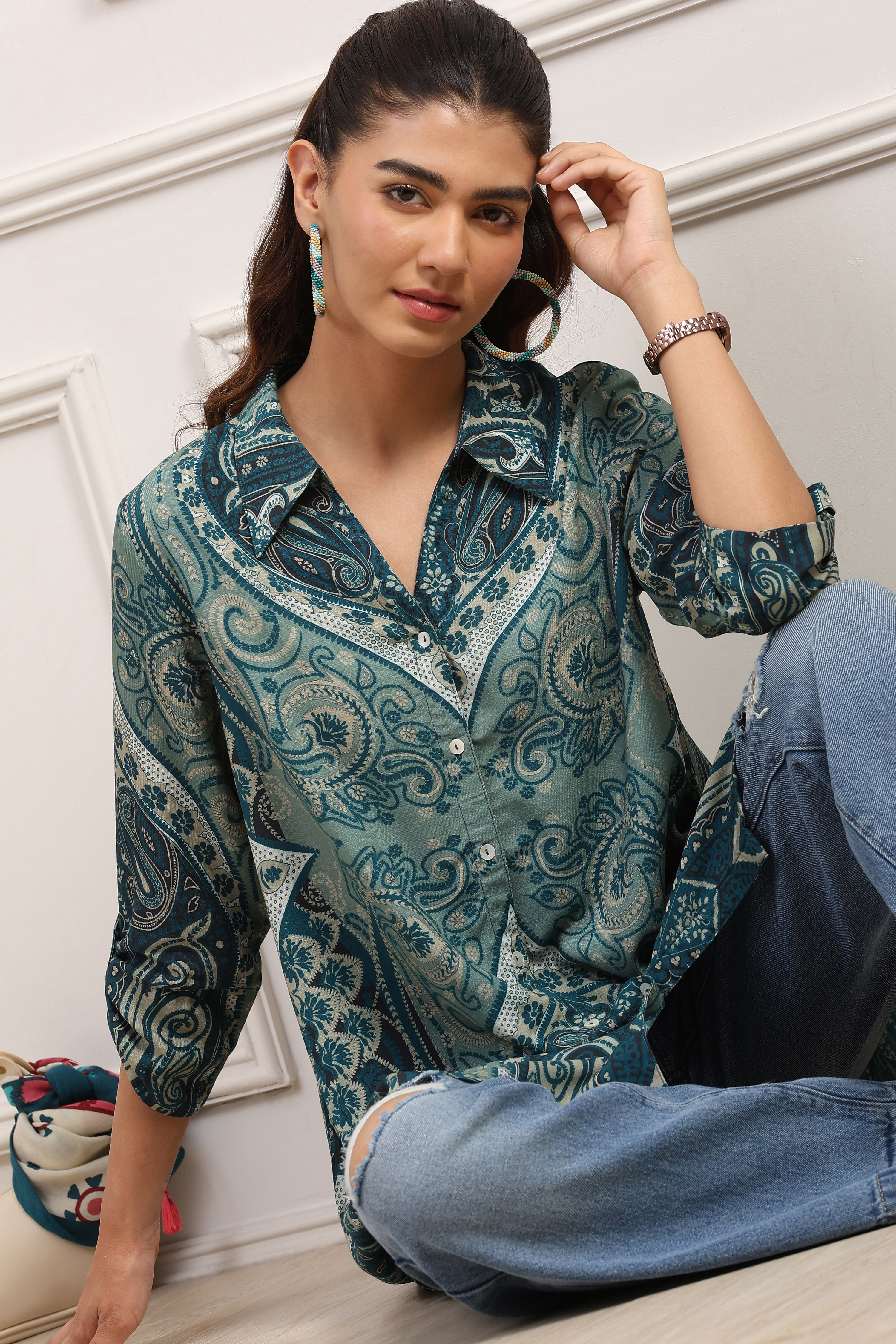 Teal LIVA Straight Printed Shirt image number 7