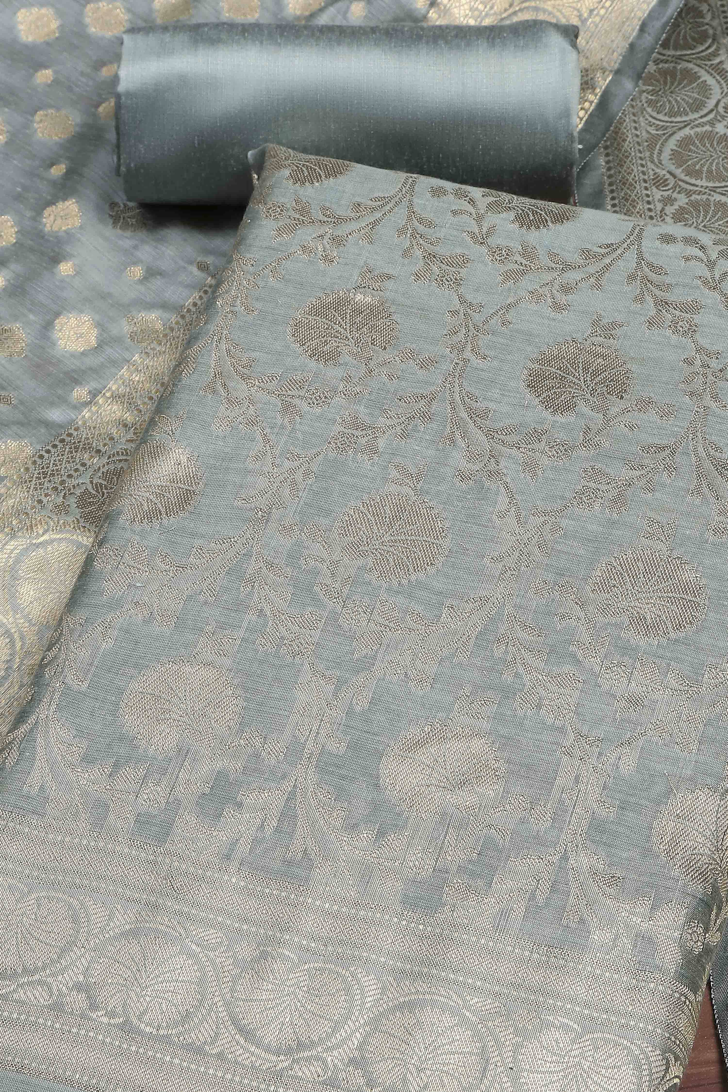 Dusty Mauve Banarasi Chanderi Banarasi Print Unstitched Suit Set image number 1