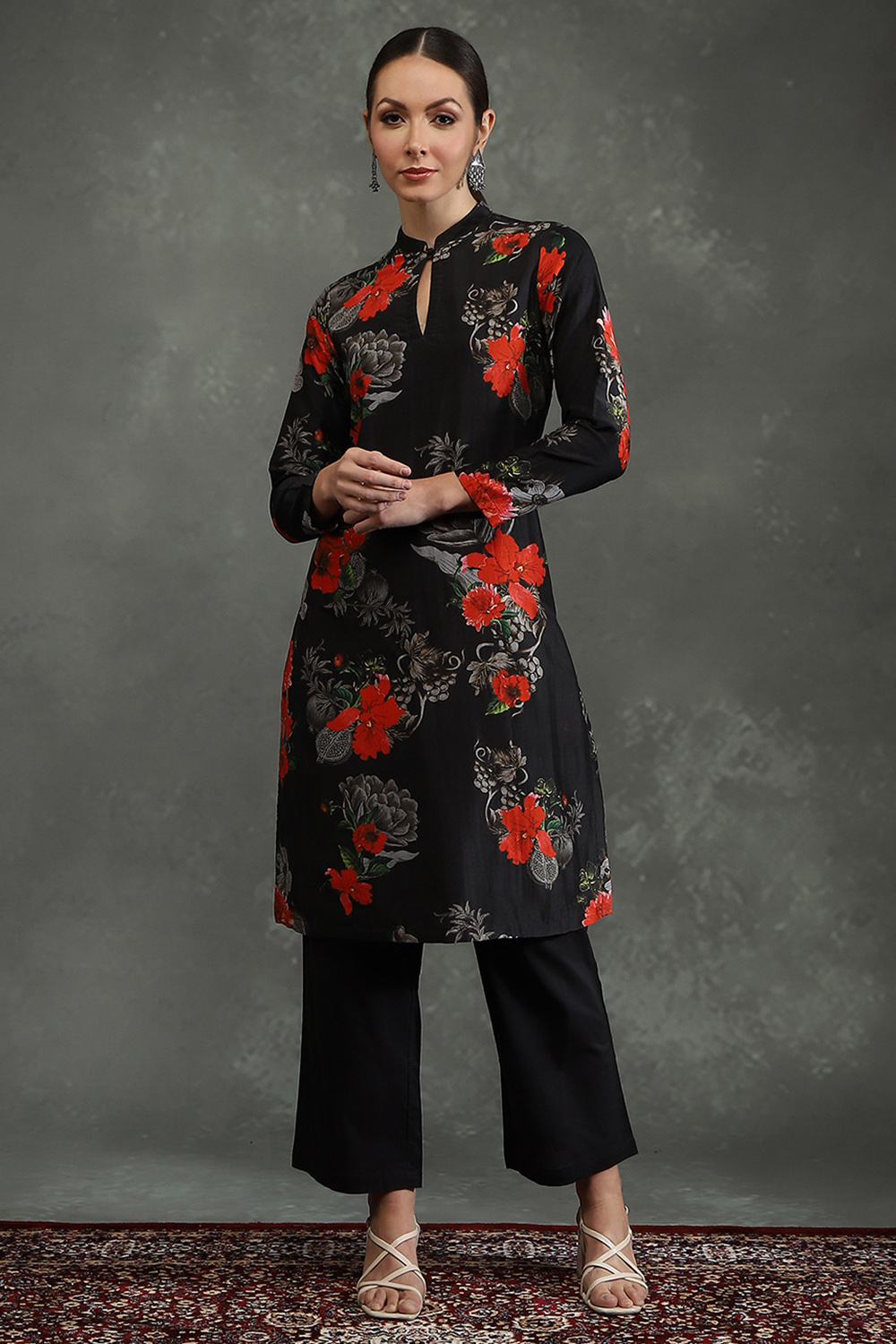 Black Silk Chanderi Floral Printed Straight Kurta Set image number 0