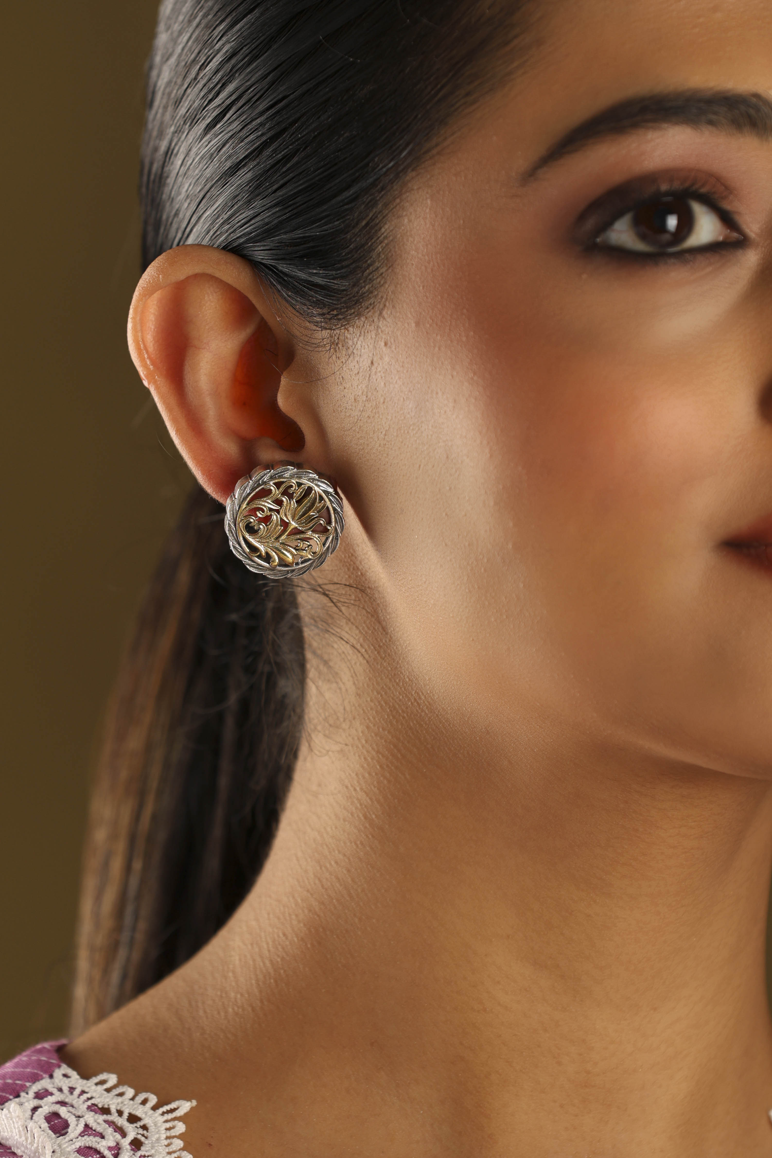 Gold & Silver Toned Brass Oxidized Studs image number 1