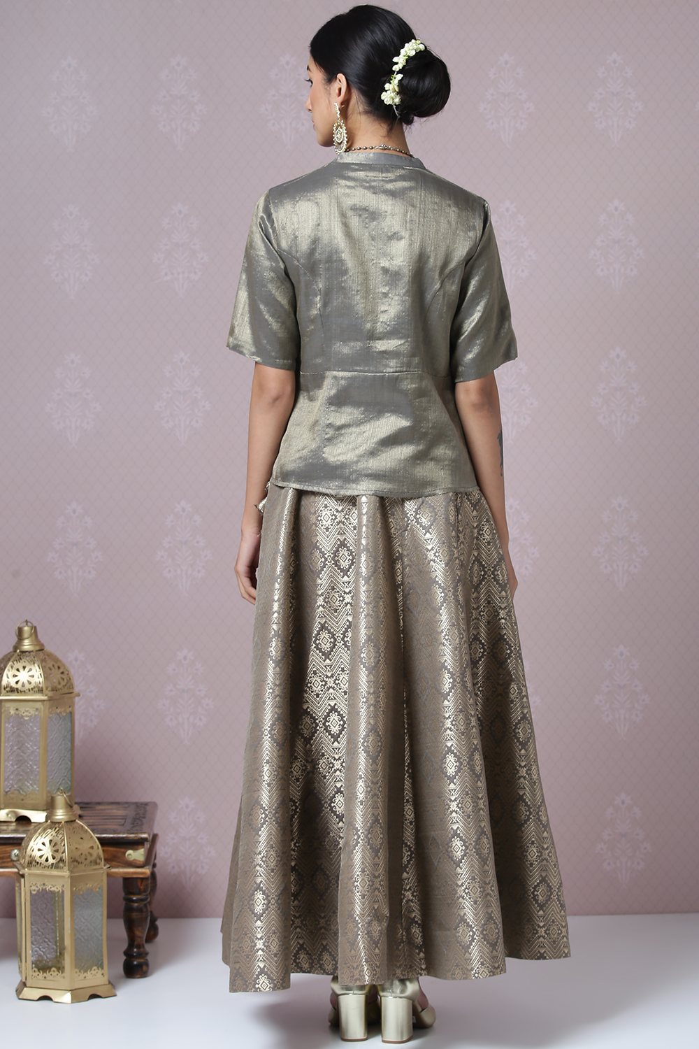 Sage Green Metallic Cotton Lehenga Set image number 7
