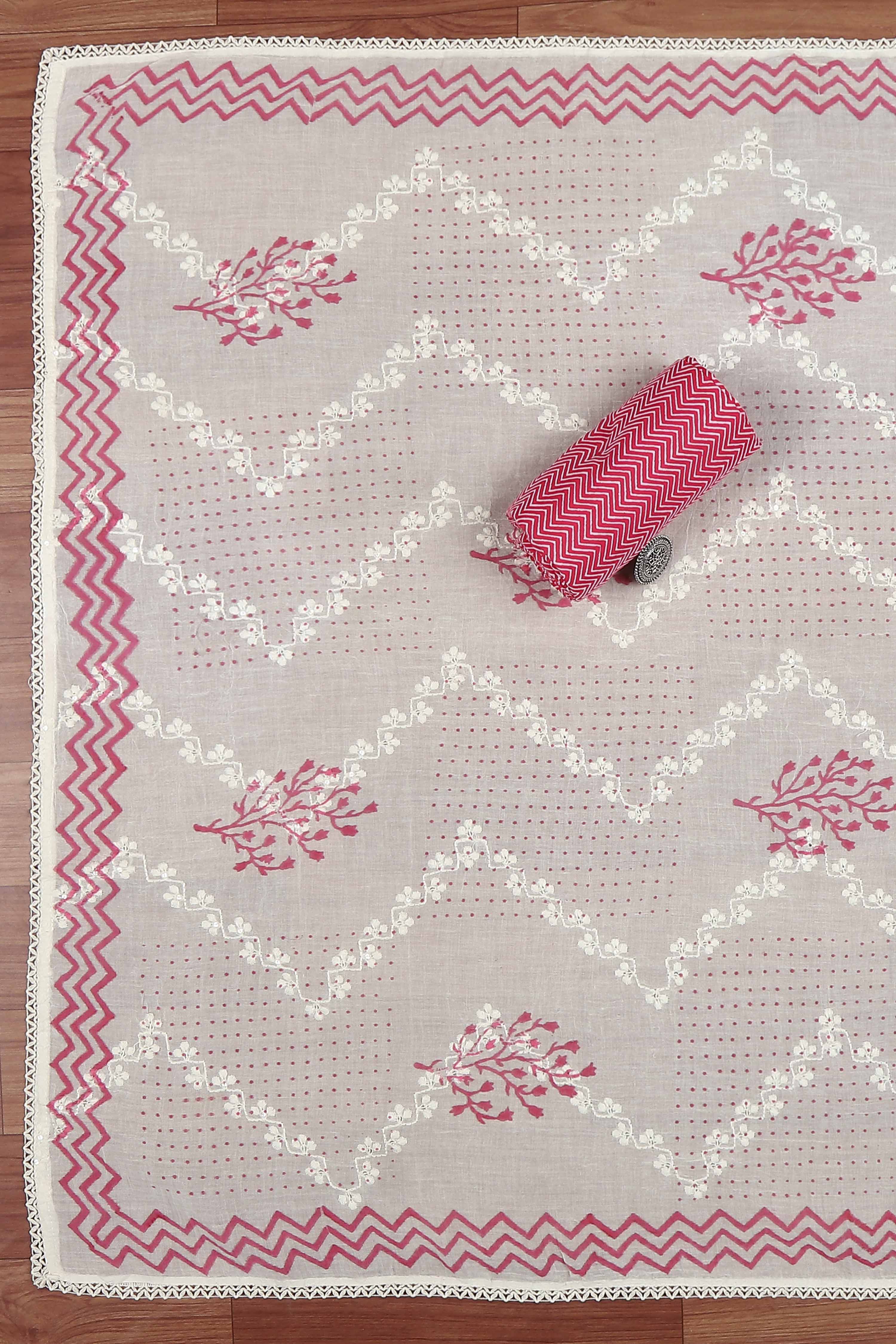 Pink Cotton Printed Embroidered Unstitched Suit Set image number 3