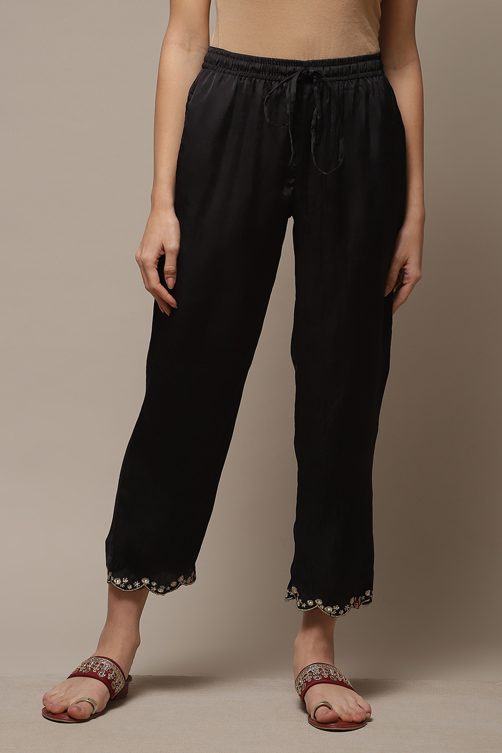 Off White Art Silk Solid Pants image number 1