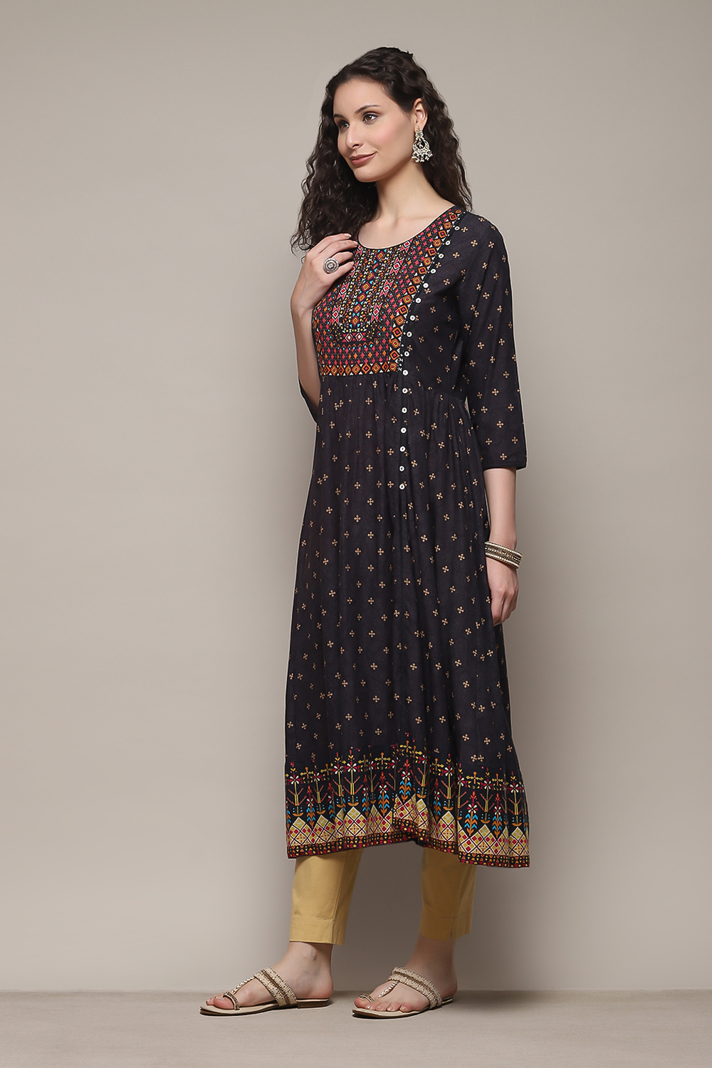 Green Cotton A-Line Printed Kurta image number 2