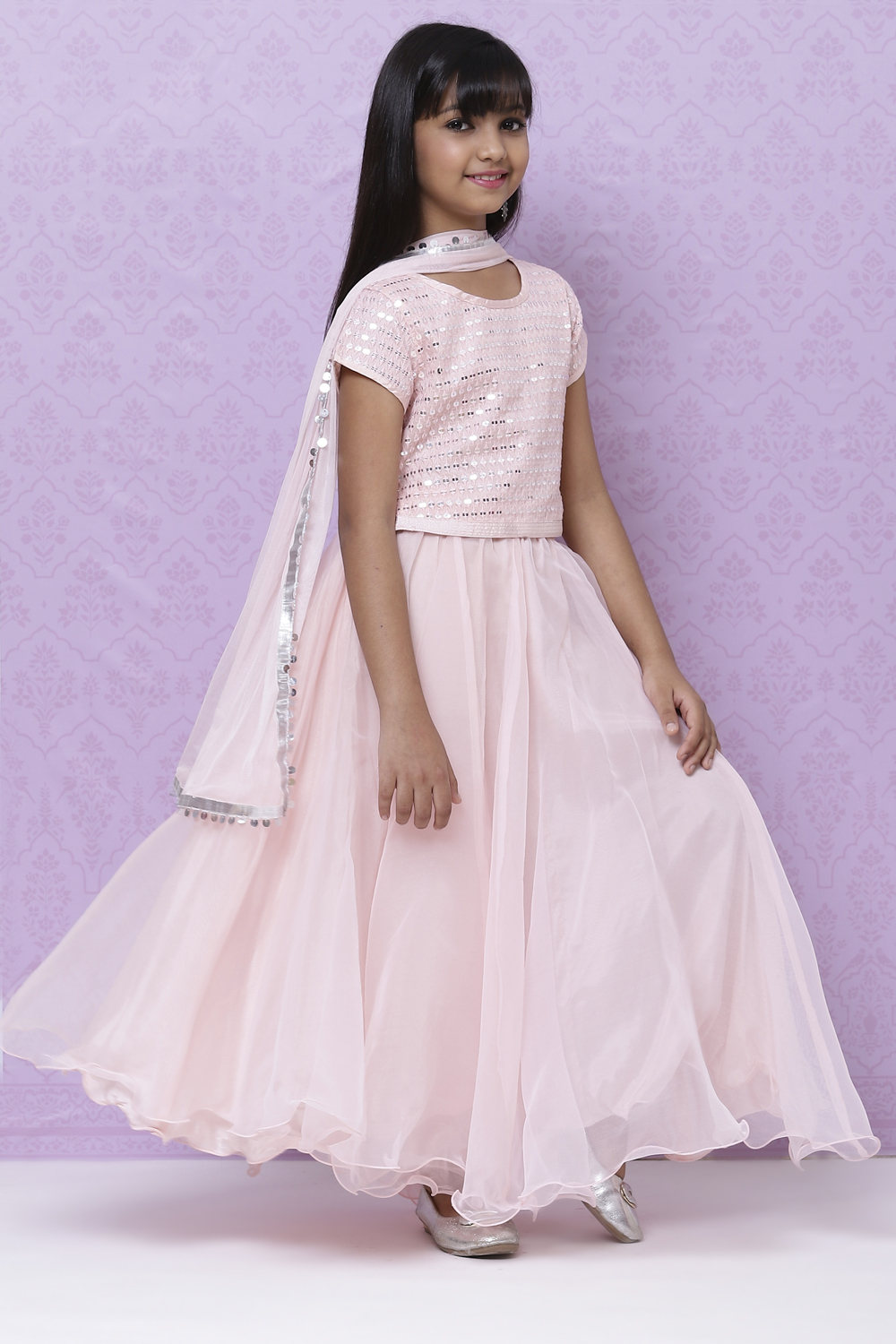 Pastel Pink Poly Cotton Girls Lehenga Set image number 6